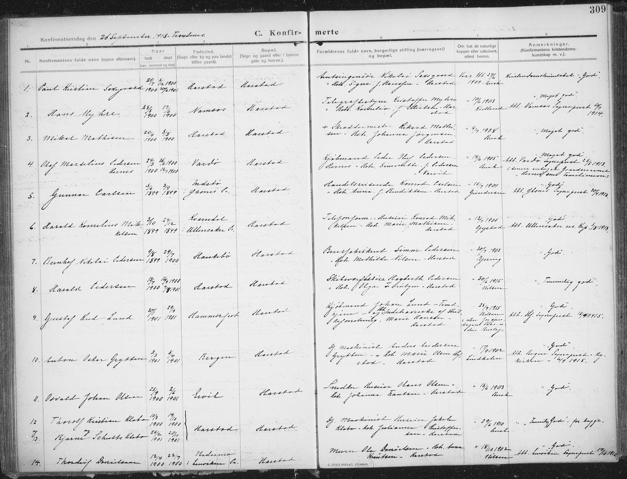 Trondenes sokneprestkontor, AV/SATØ-S-1319/H/Ha/L0018kirke: Parish register (official) no. 18, 1909-1918, p. 309