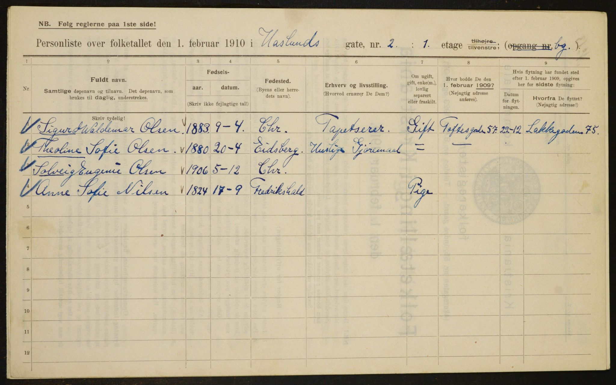 OBA, Municipal Census 1910 for Kristiania, 1910, p. 33111