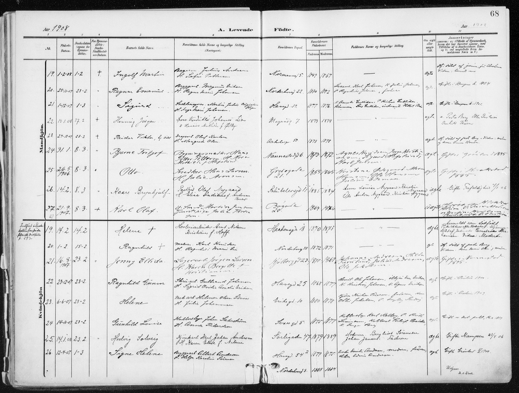 Kampen prestekontor Kirkebøker, AV/SAO-A-10853/F/Fa/L0010: Parish register (official) no. I 10, 1905-1917, p. 68