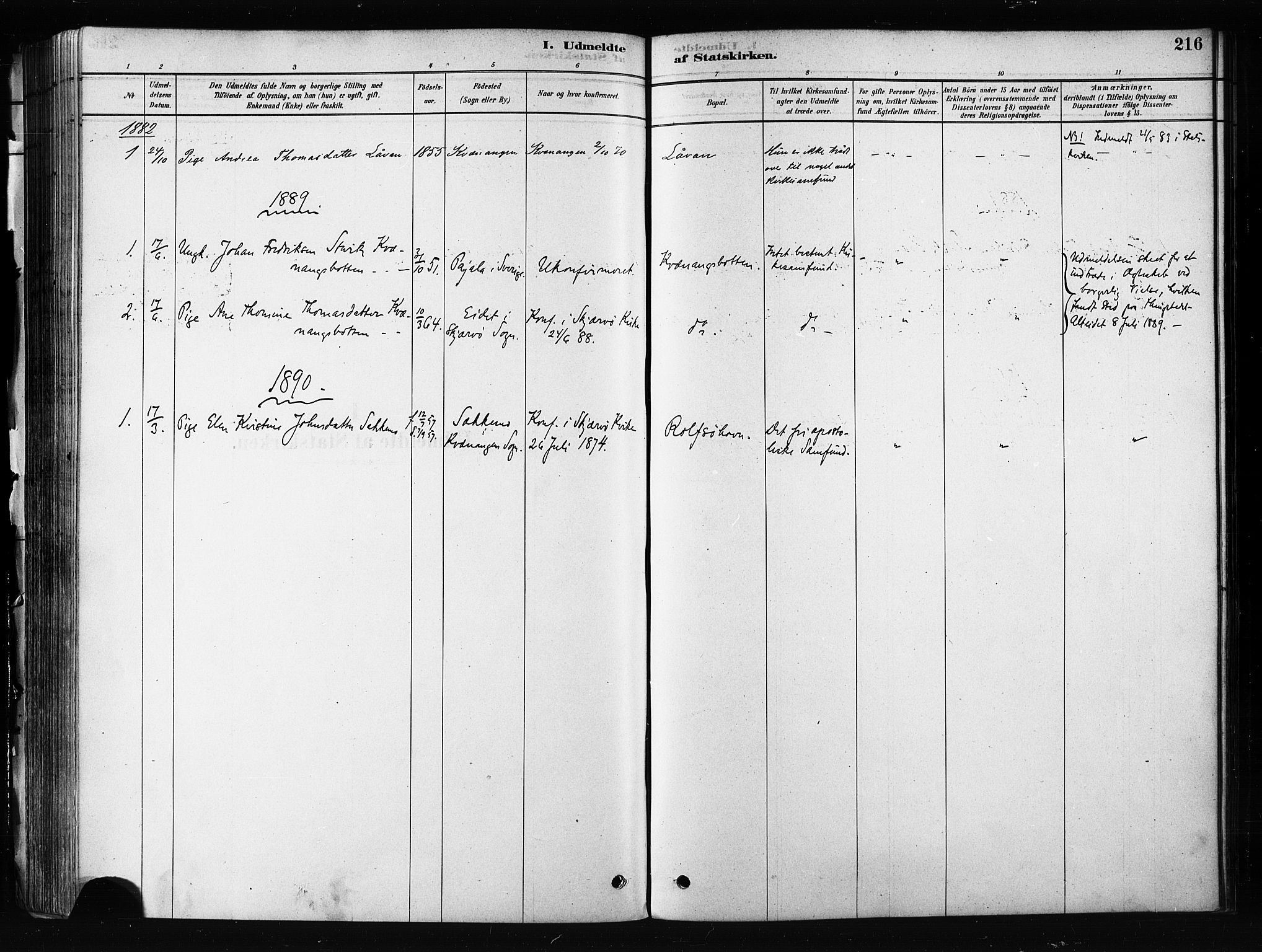 Skjervøy sokneprestkontor, SATØ/S-1300/H/Ha/Haa/L0012kirke: Parish register (official) no. 12, 1878-1891, p. 216