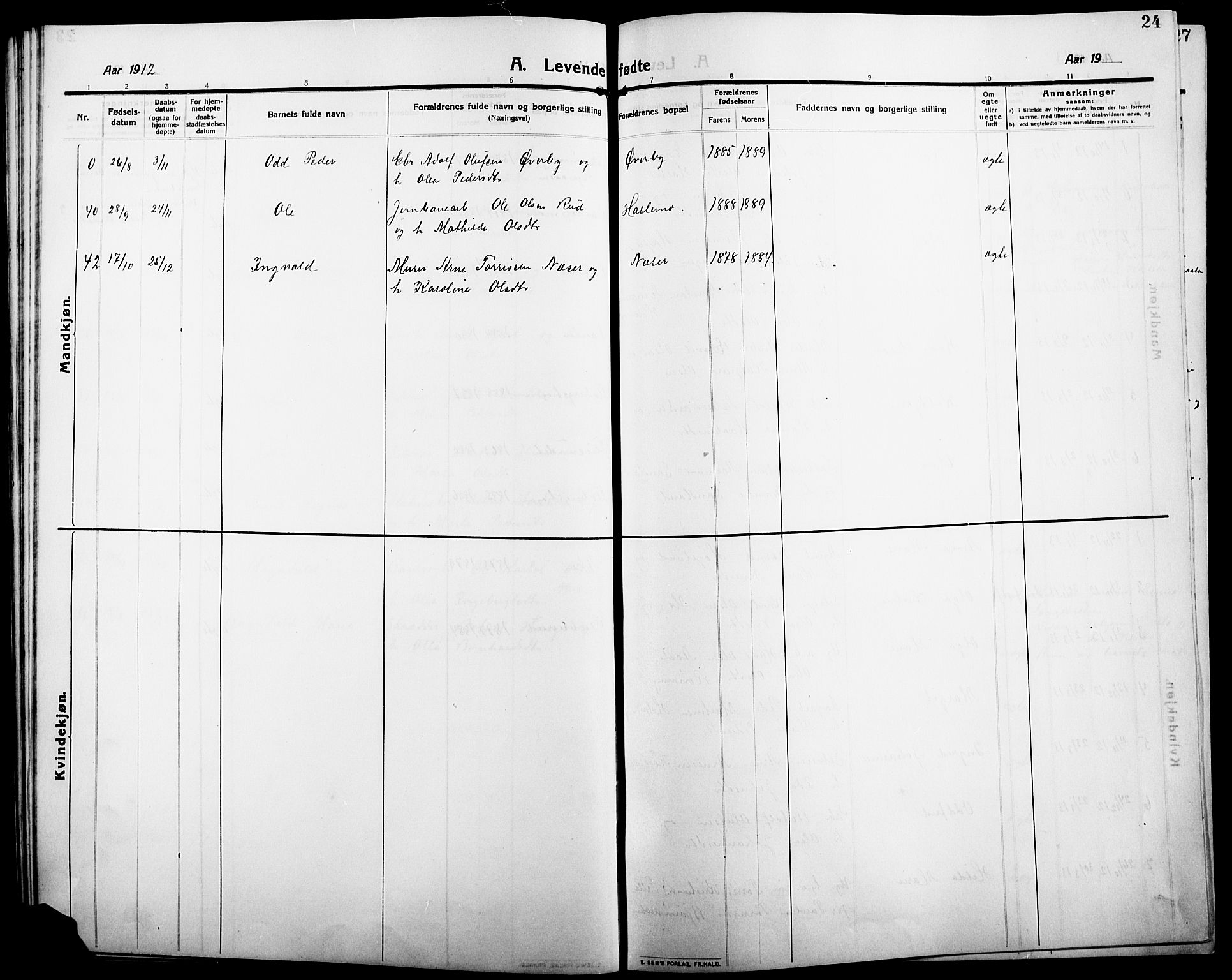 Åsnes prestekontor, SAH/PREST-042/H/Ha/Hab/L0007: Parish register (copy) no. 7, 1909-1926, p. 24