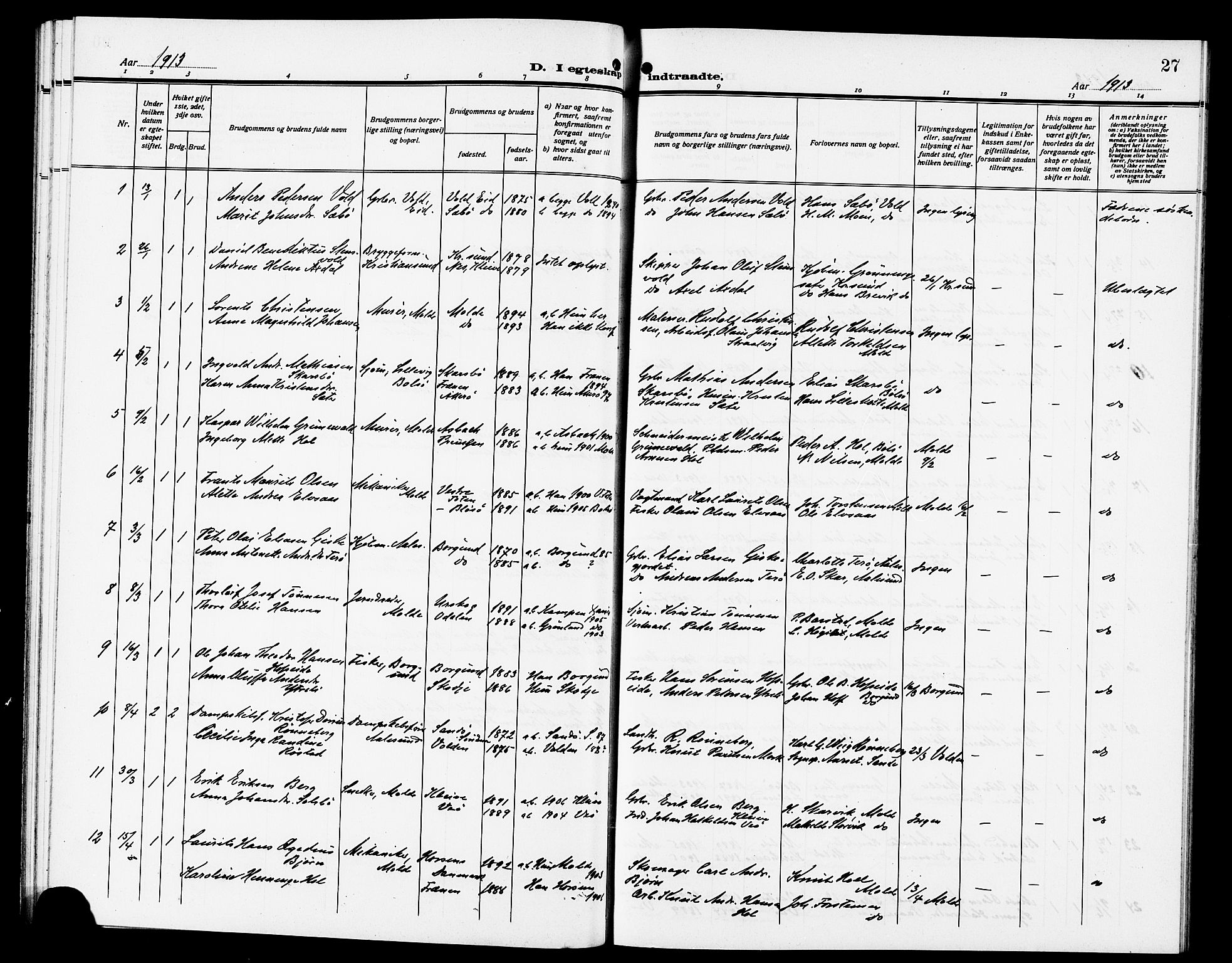Ministerialprotokoller, klokkerbøker og fødselsregistre - Møre og Romsdal, SAT/A-1454/558/L0703: Parish register (copy) no. 558C04, 1906-1921, p. 27