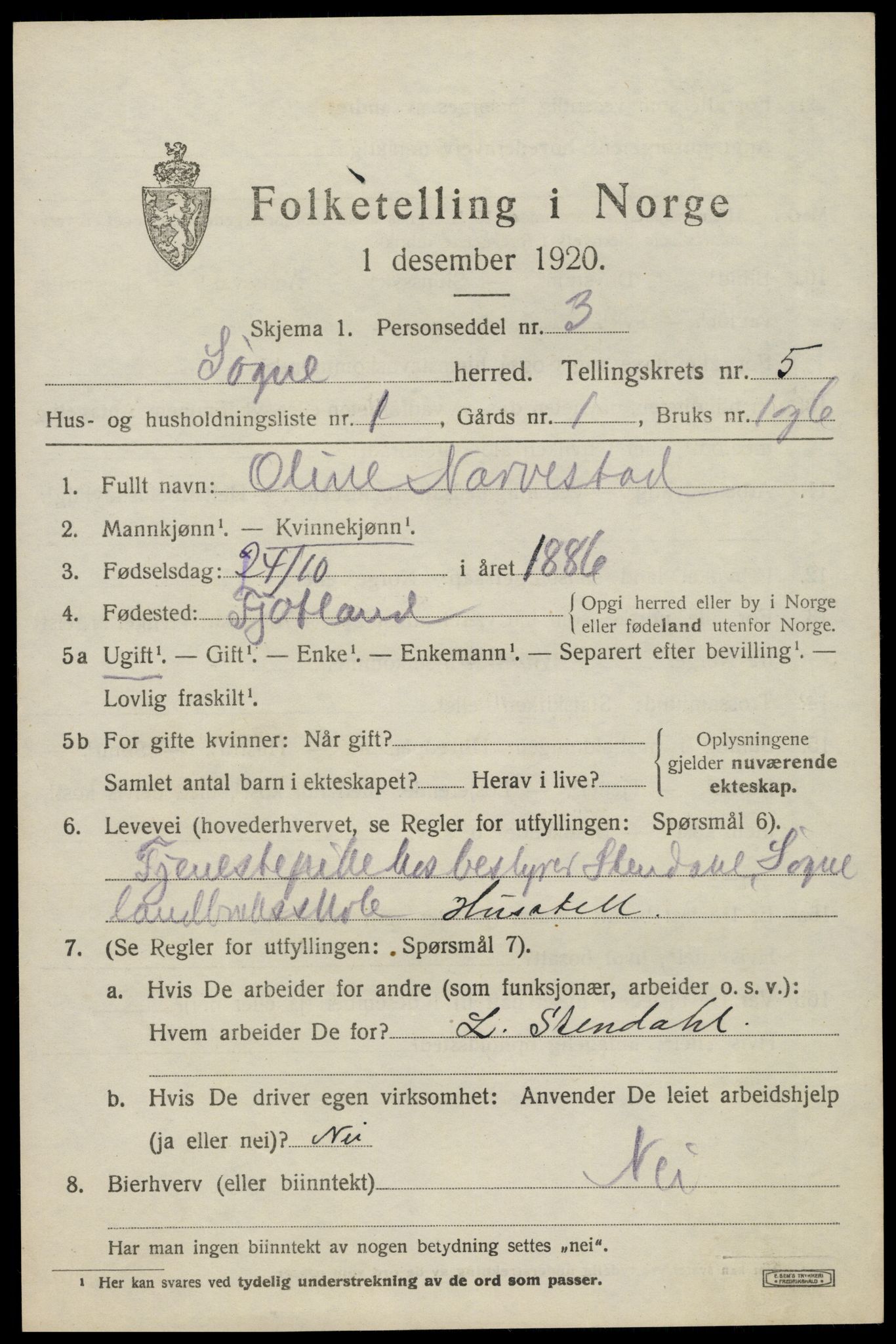 SAK, 1920 census for Søgne, 1920, p. 2185