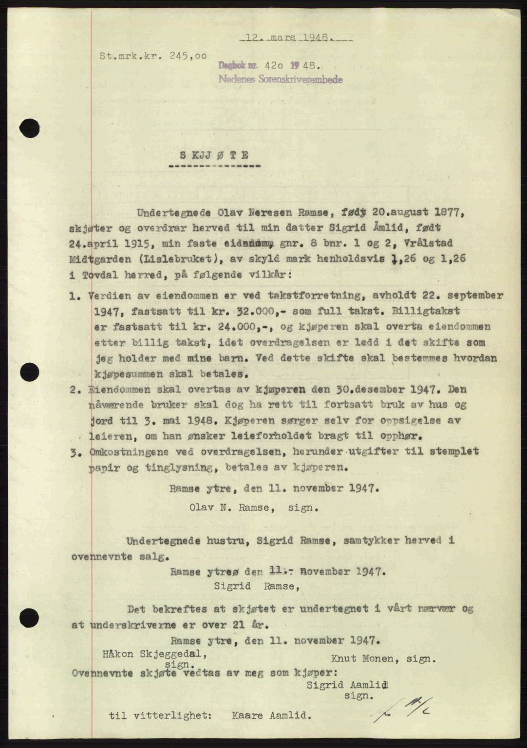 Nedenes sorenskriveri, AV/SAK-1221-0006/G/Gb/Gba/L0059: Mortgage book no. A11, 1948-1948, Diary no: : 420/1948