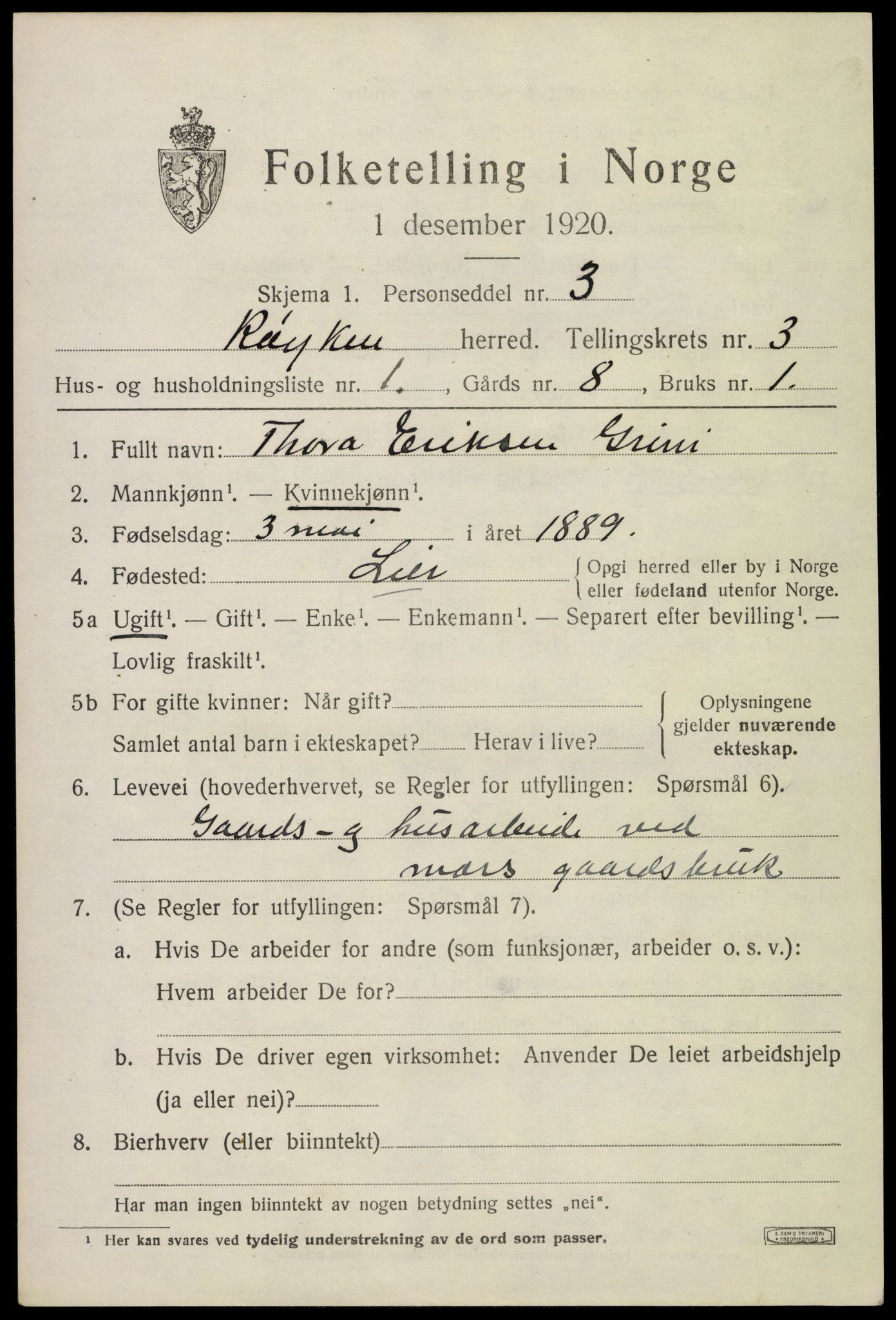 SAKO, 1920 census for Røyken, 1920, p. 4082