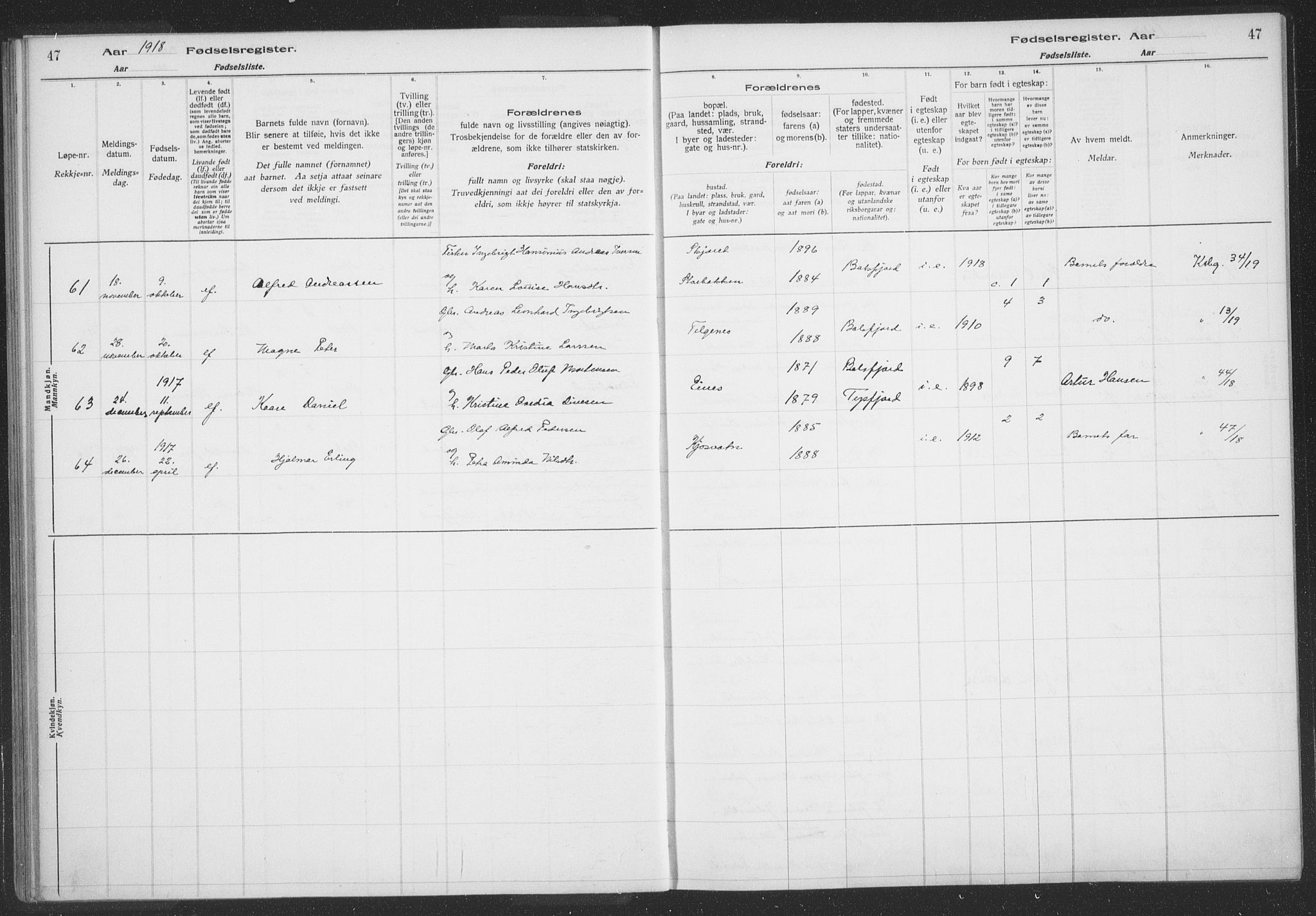 Balsfjord sokneprestembete, AV/SATØ-S-1303/H/Hb/L0059: Birth register no. 59, 1916-1930, p. 47