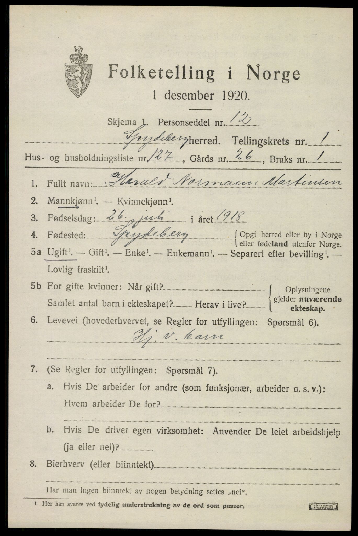 SAO, 1920 census for Spydeberg, 1920, p. 2587