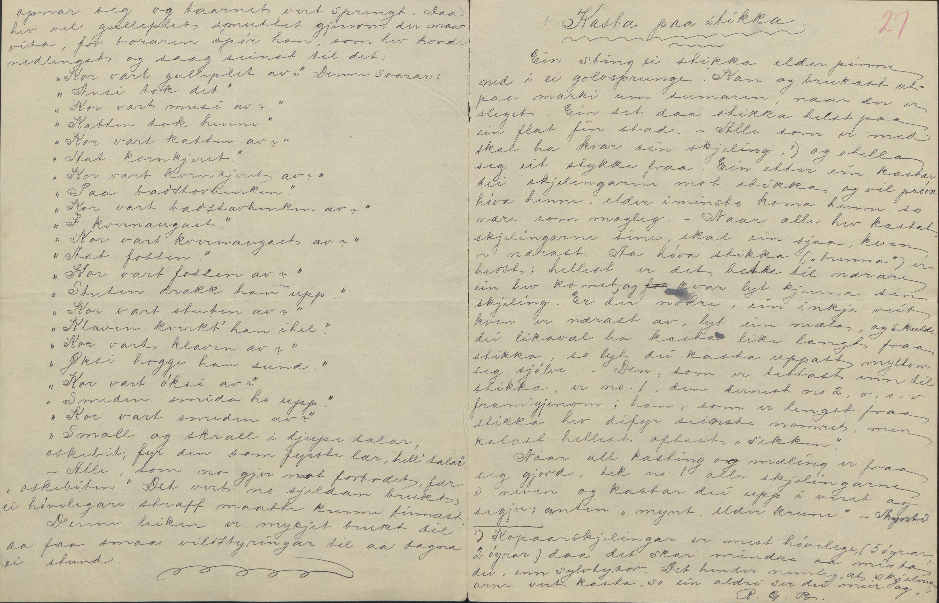 Rikard Berge, TEMU/TGM-A-1003/F/L0004/0053: 101-159 / 157 Manuskript, notatar, brev o.a. Nokre leiker, manuskript, 1906-1908, p. 26-27
