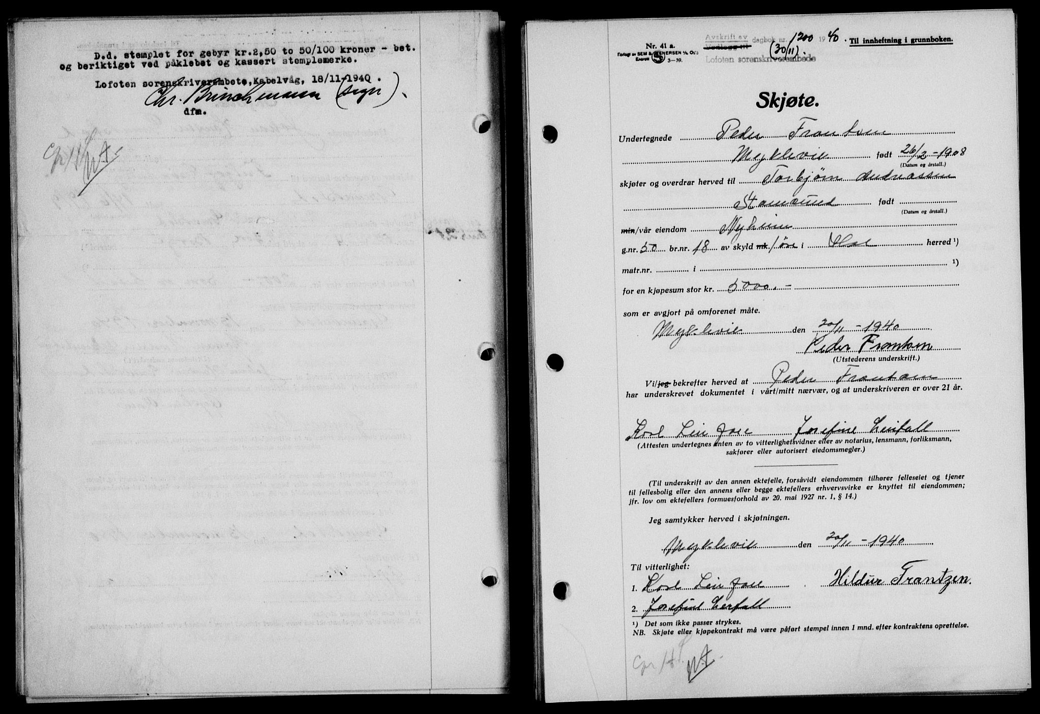 Lofoten sorenskriveri, SAT/A-0017/1/2/2C/L0008a: Mortgage book no. 8a, 1940-1941, Diary no: : 1200/1940