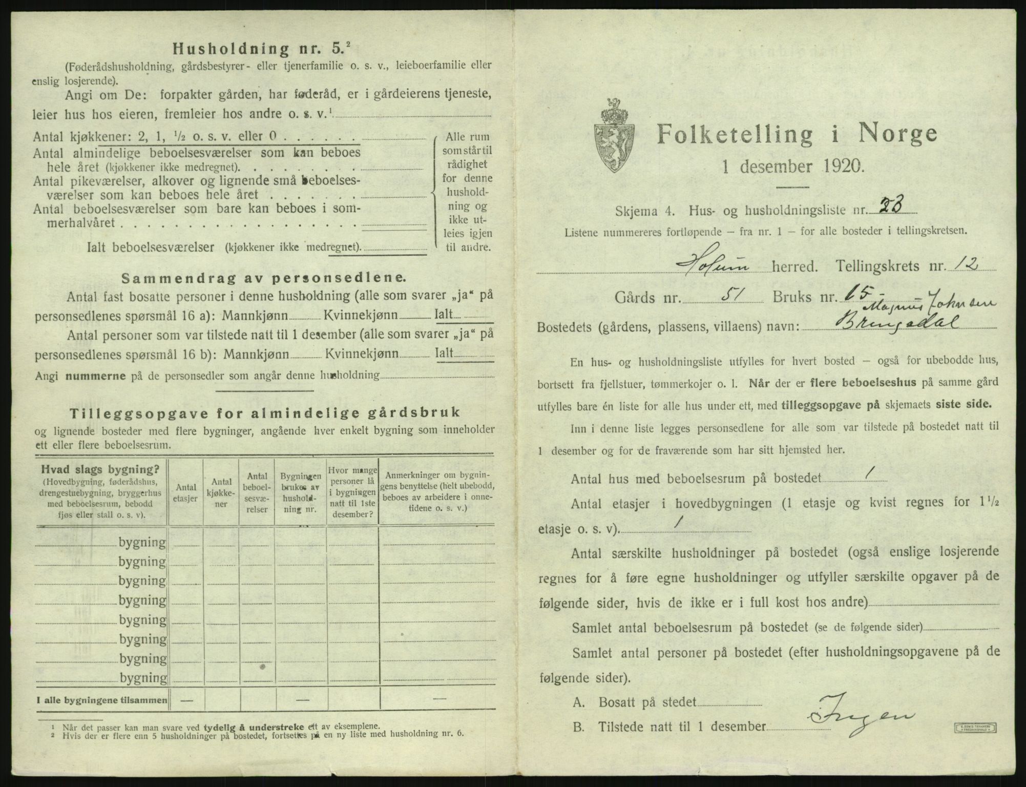 SAK, 1920 census for Holum, 1920, p. 709