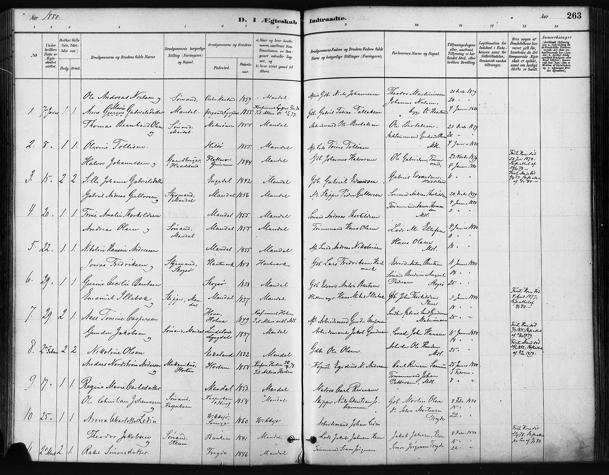 Mandal sokneprestkontor, SAK/1111-0030/F/Fa/Faa/L0016: Parish register (official) no. A 16, 1880-1890, p. 263
