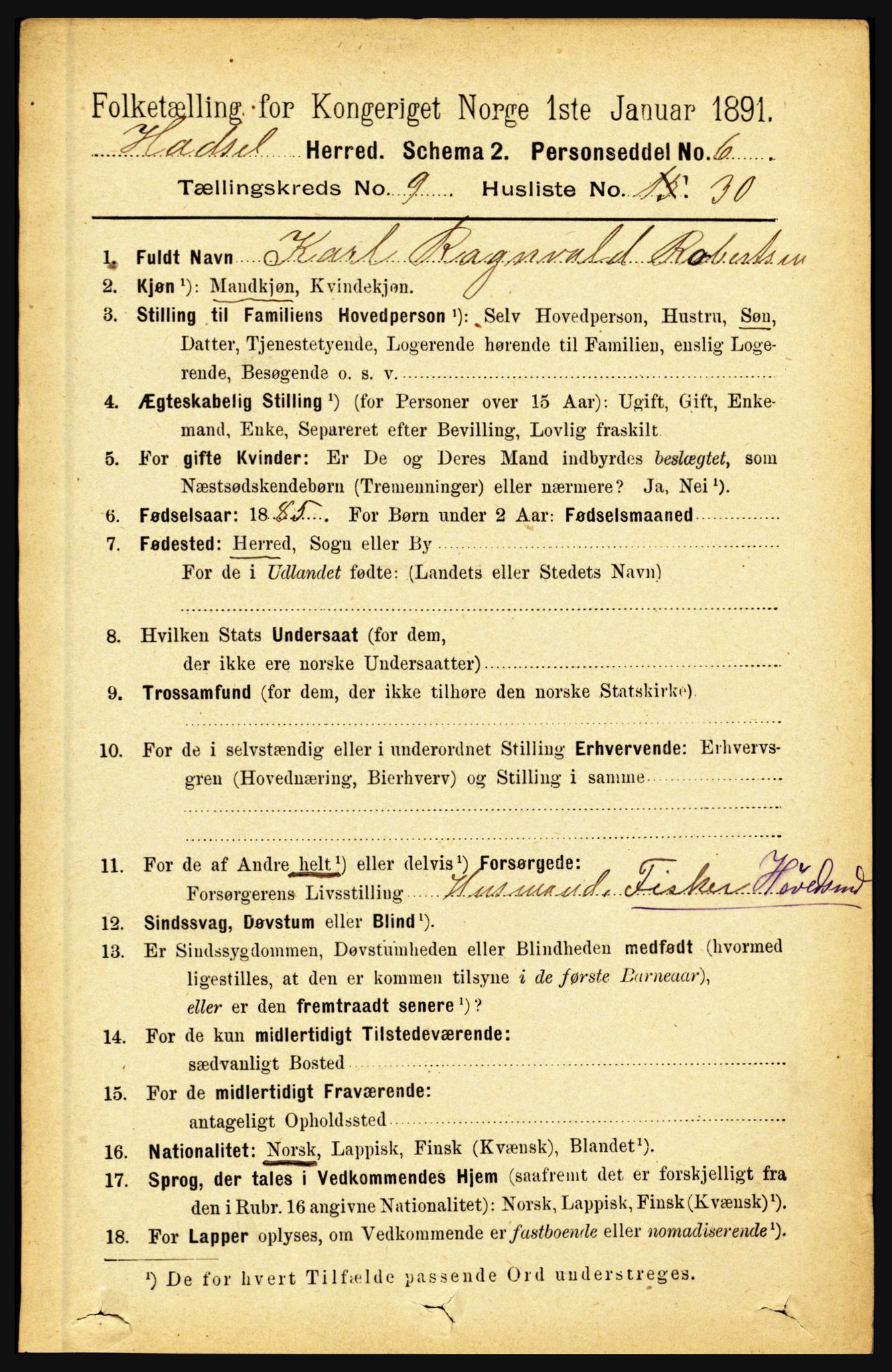 RA, 1891 census for 1866 Hadsel, 1891, p. 4125