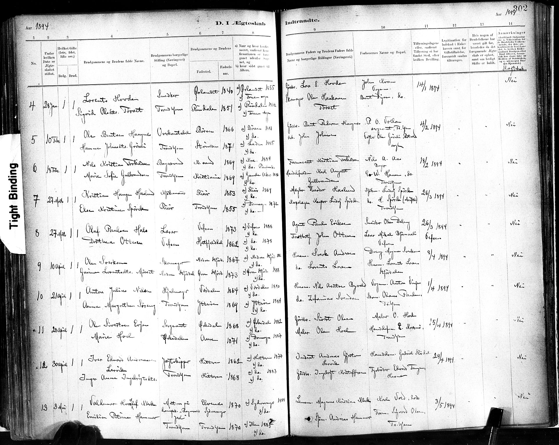 Ministerialprotokoller, klokkerbøker og fødselsregistre - Sør-Trøndelag, SAT/A-1456/602/L0119: Parish register (official) no. 602A17, 1880-1901, p. 302