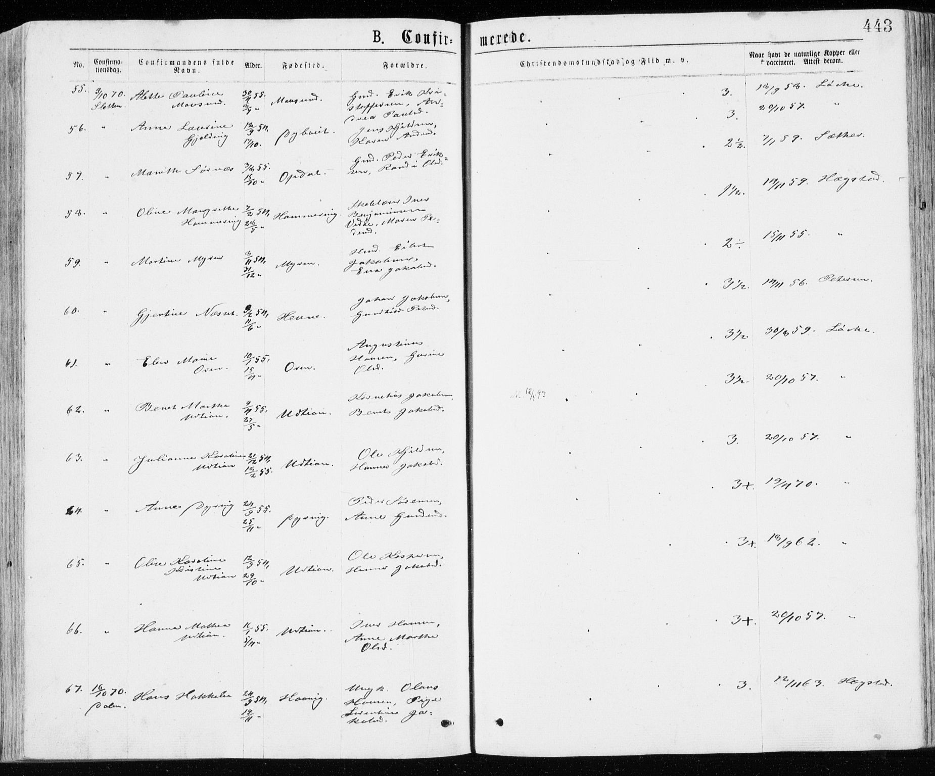 Ministerialprotokoller, klokkerbøker og fødselsregistre - Sør-Trøndelag, AV/SAT-A-1456/640/L0576: Parish register (official) no. 640A01, 1846-1876, p. 443