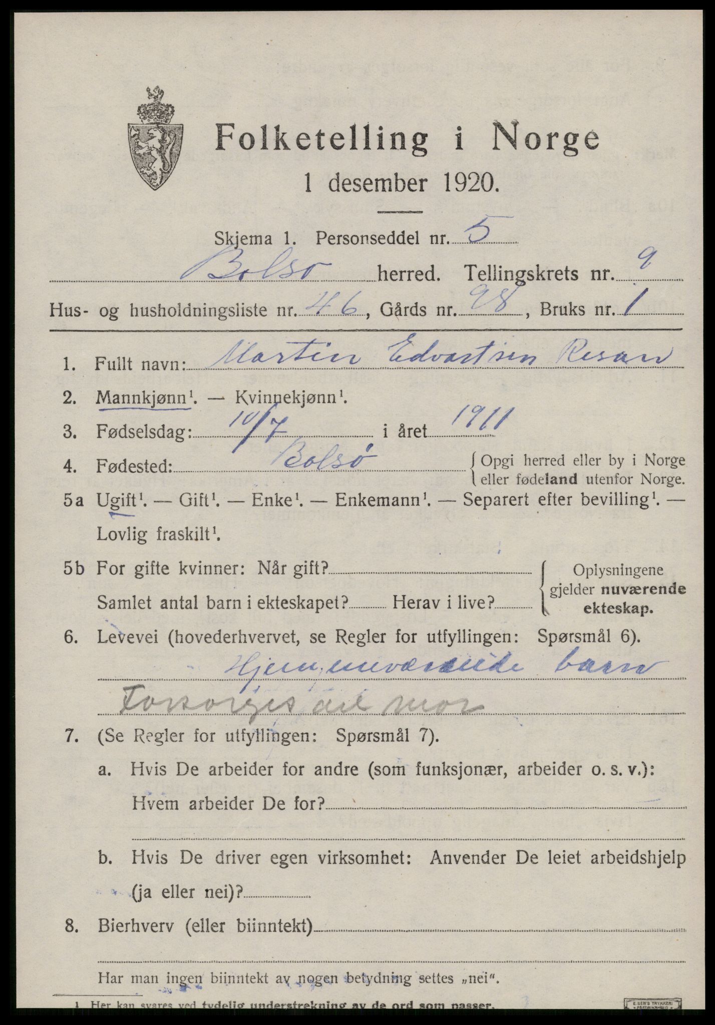 SAT, 1920 census for Bolsøy, 1920, p. 10415