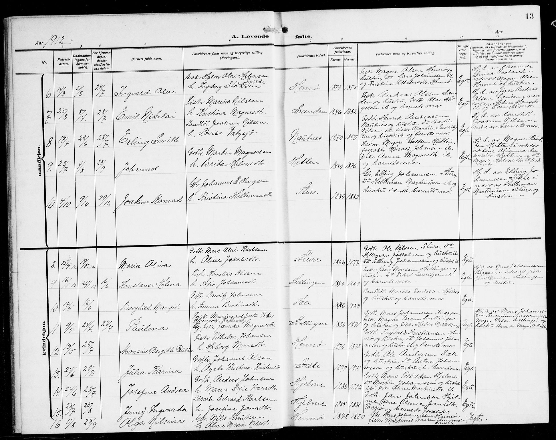 Herdla Sokneprestembete, AV/SAB-A-75701/H/Hab: Parish register (copy) no. B 1, 1909-1929, p. 13