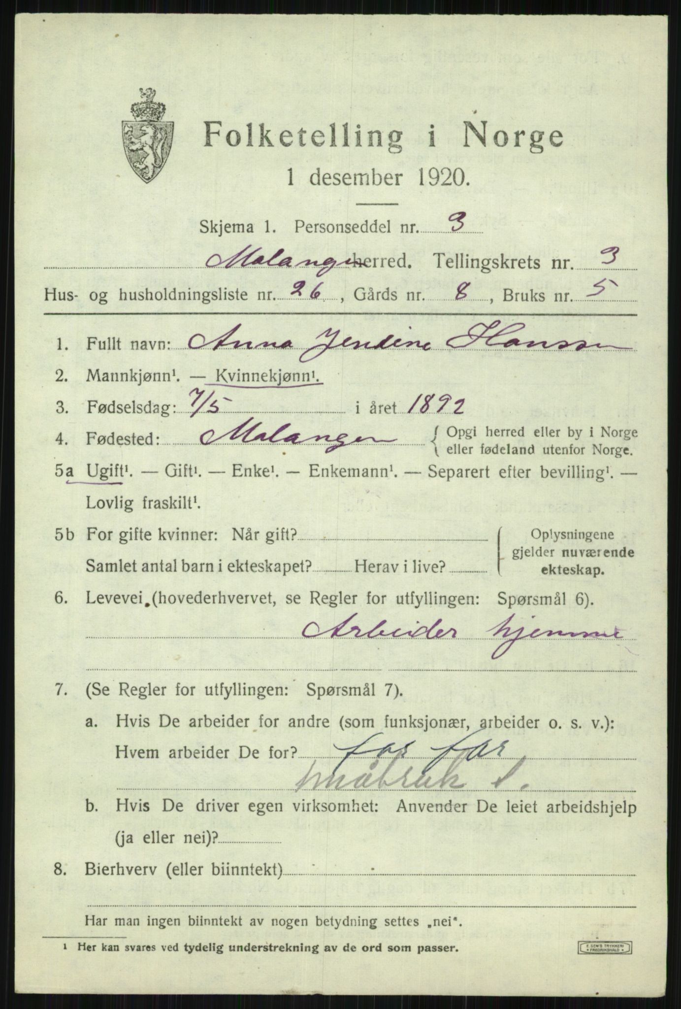 SATØ, 1920 census for Malangen, 1920, p. 1577