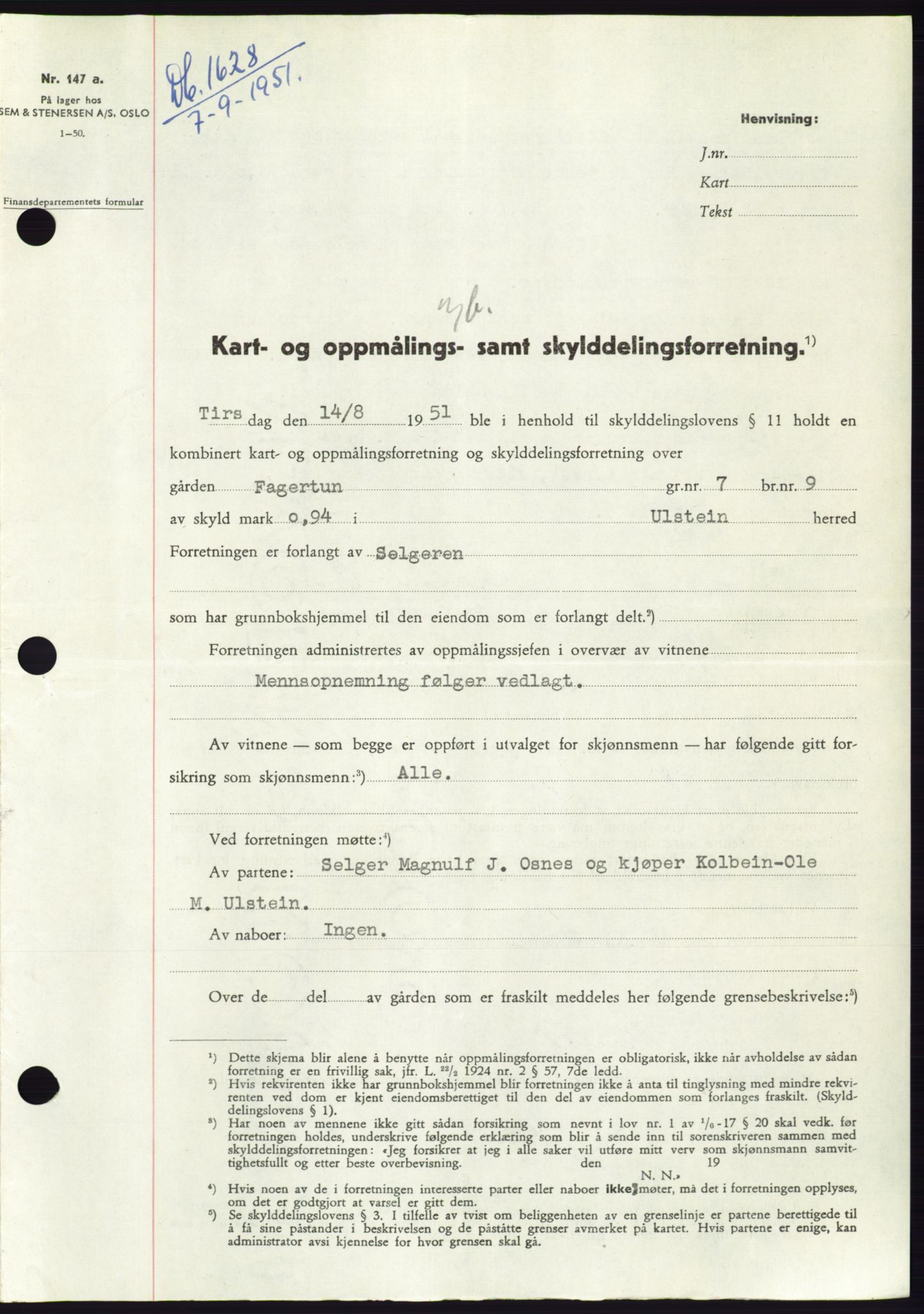 Søre Sunnmøre sorenskriveri, AV/SAT-A-4122/1/2/2C/L0089: Mortgage book no. 15A, 1951-1951, Diary no: : 1628/1951