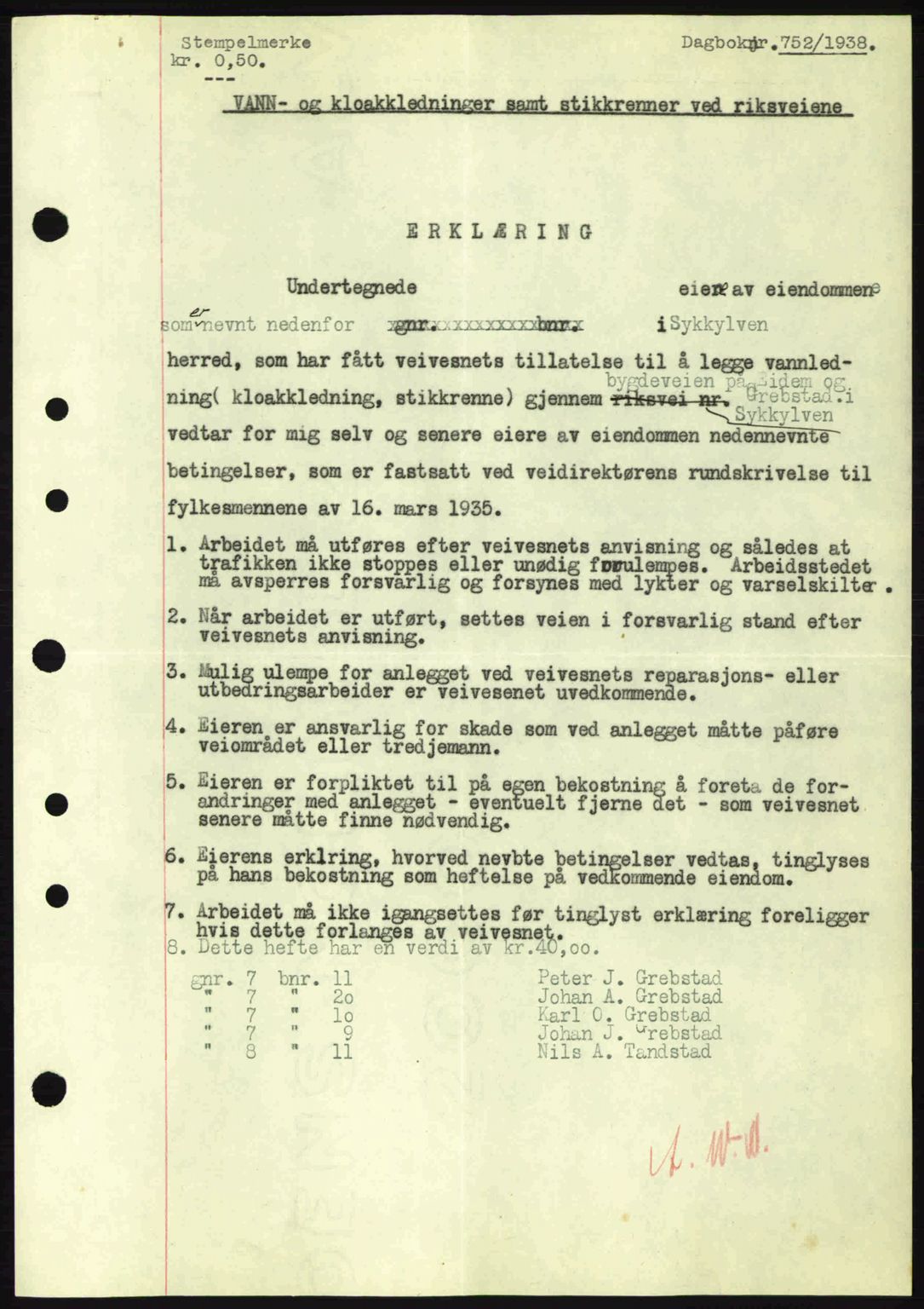 Nordre Sunnmøre sorenskriveri, AV/SAT-A-0006/1/2/2C/2Ca: Mortgage book no. A4, 1937-1938, Diary no: : 752/1938