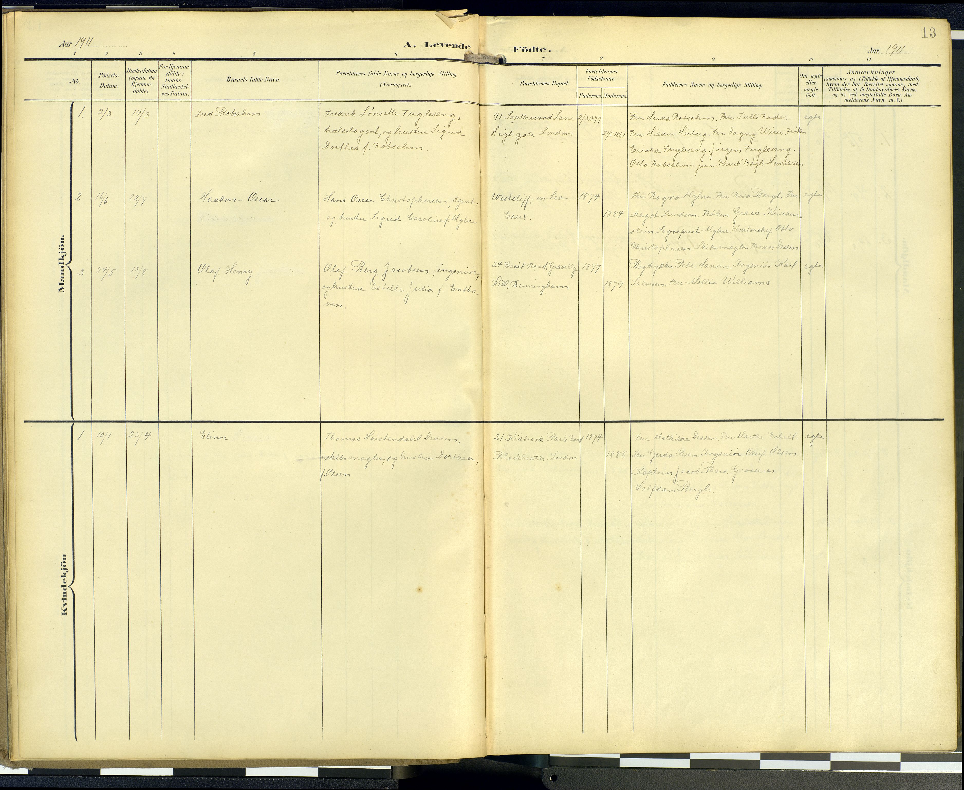  Den norske sjømannsmisjon i utlandet/London m/bistasjoner, SAB/SAB/PA-0103/H/Ha/L0003: Parish register (official) no. A 3, 1903-1934, p. 12b-13a