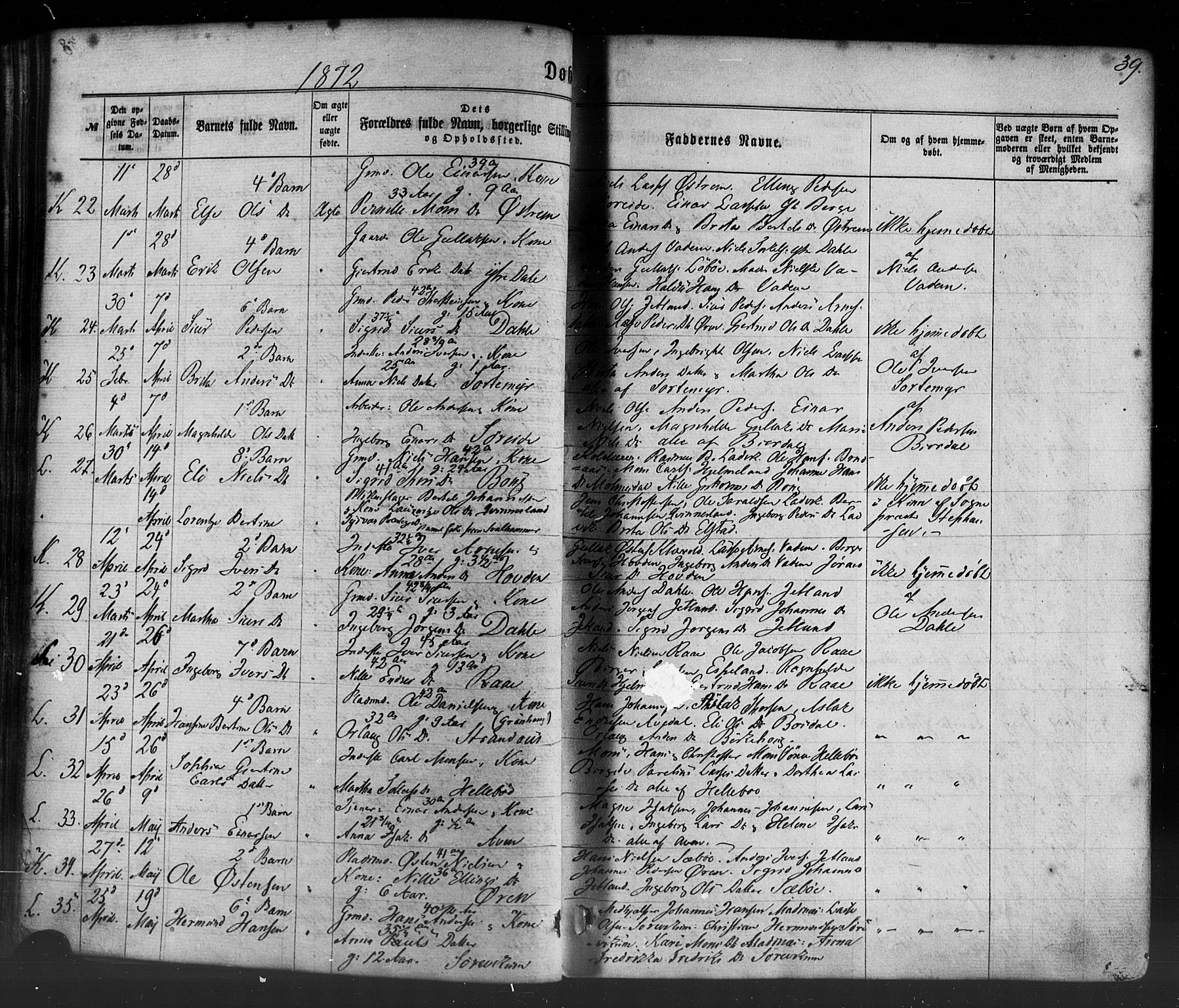 Lavik sokneprestembete, AV/SAB-A-80901: Parish register (official) no. A 4, 1864-1881, p. 39