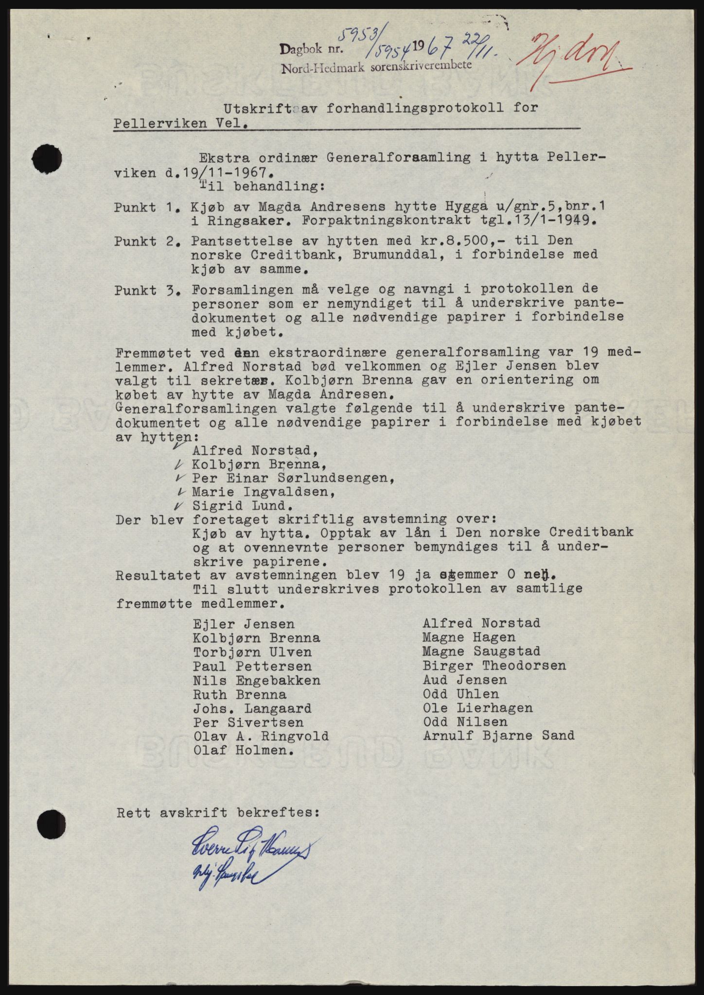 Nord-Hedmark sorenskriveri, SAH/TING-012/H/Hc/L0027: Mortgage book no. 27, 1967-1968, Diary no: : 5953/1967