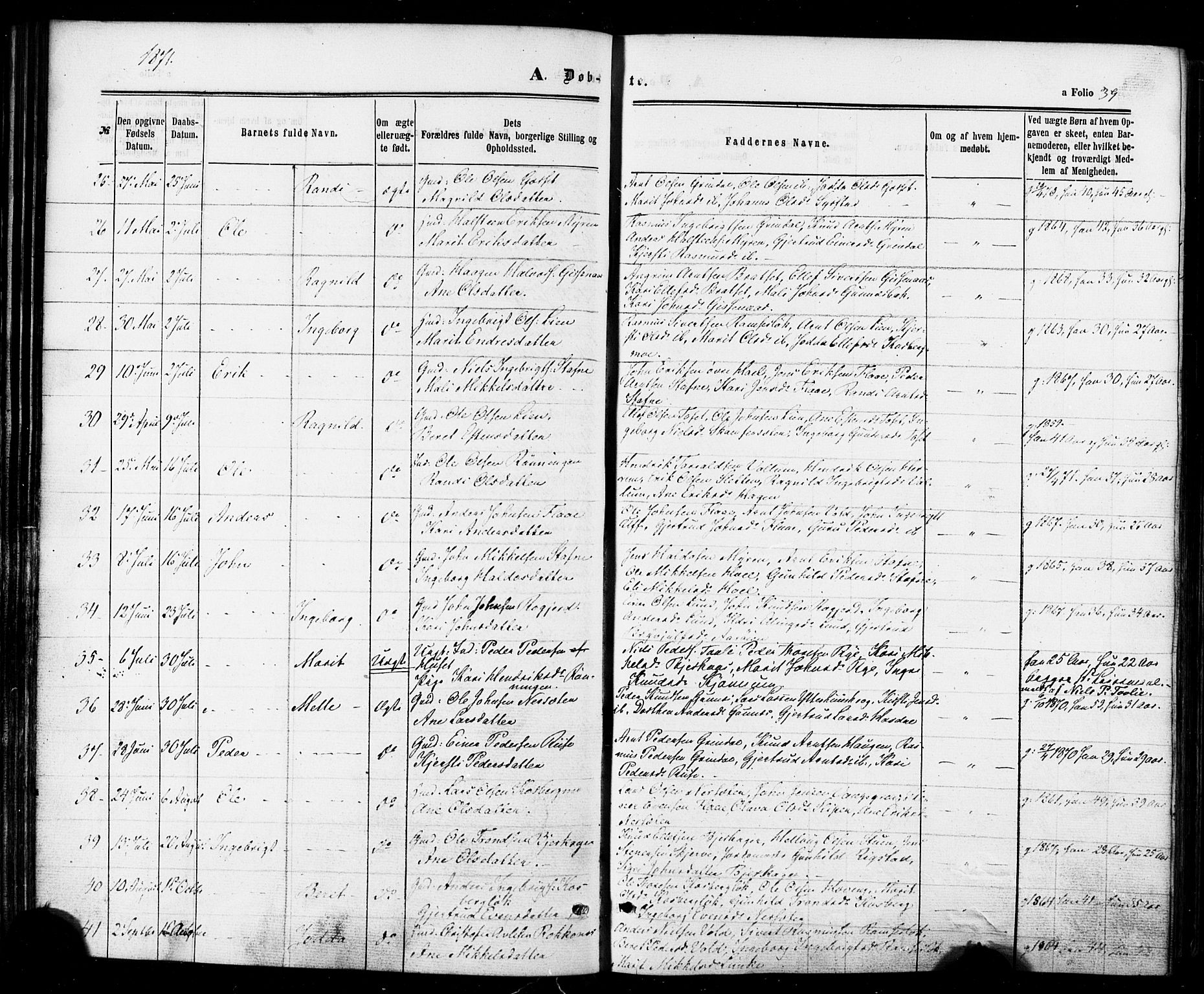 Ministerialprotokoller, klokkerbøker og fødselsregistre - Sør-Trøndelag, SAT/A-1456/674/L0870: Parish register (official) no. 674A02, 1861-1879, p. 39