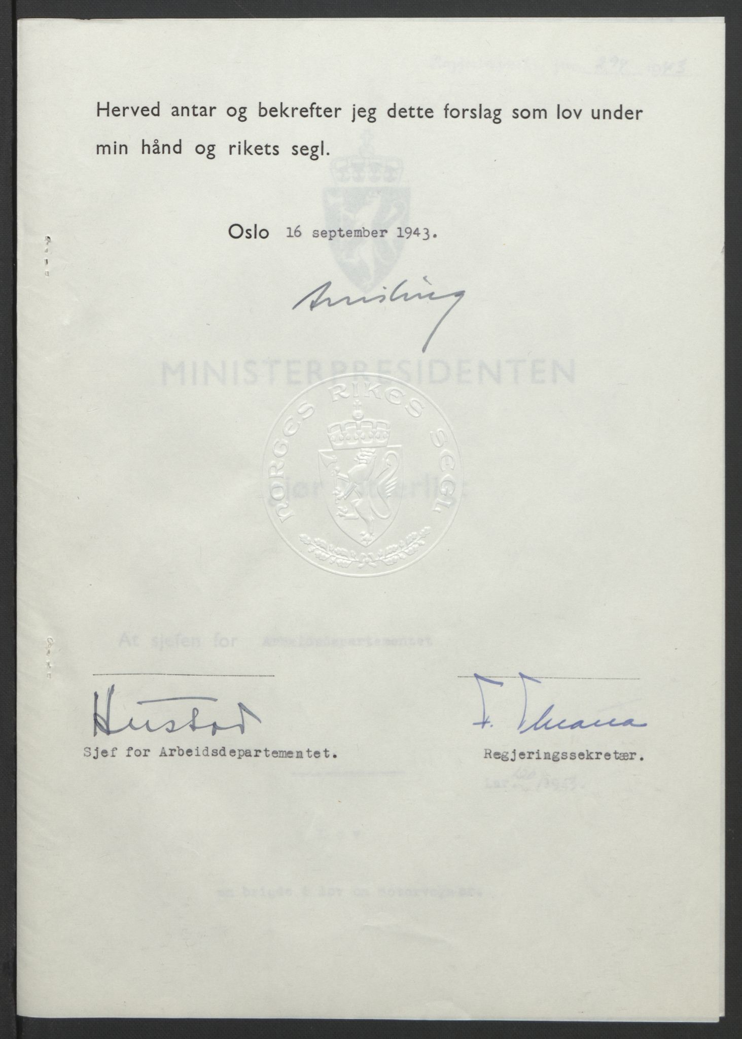 NS-administrasjonen 1940-1945 (Statsrådsekretariatet, de kommisariske statsråder mm), RA/S-4279/D/Db/L0099: Lover, 1943, p. 562