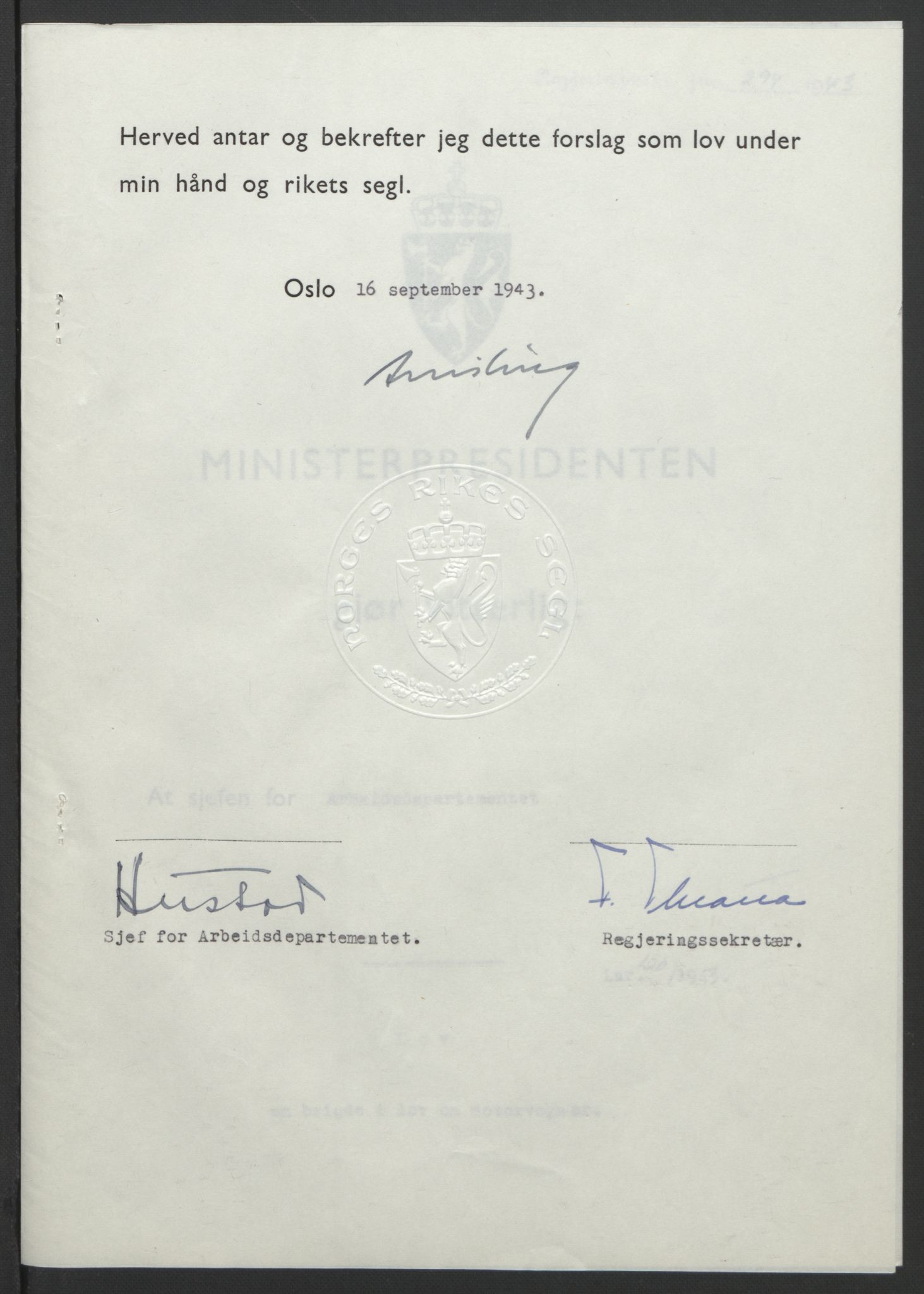 NS-administrasjonen 1940-1945 (Statsrådsekretariatet, de kommisariske statsråder mm), AV/RA-S-4279/D/Db/L0099: Lover, 1943, p. 562