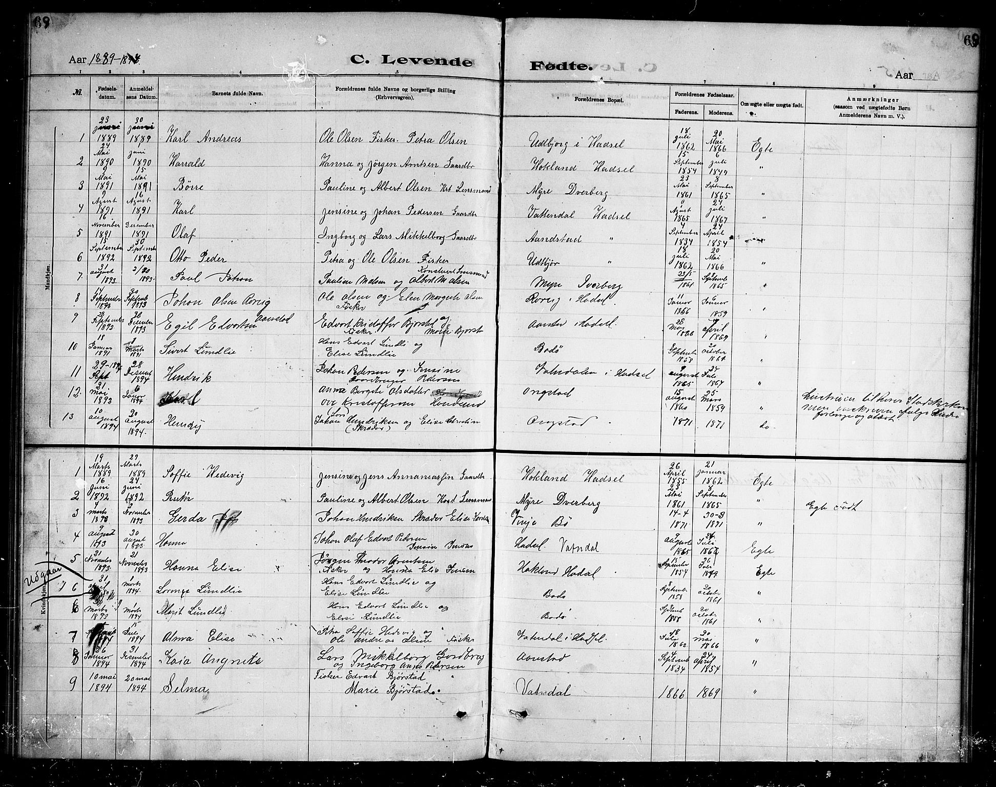 Ministerialprotokoller, klokkerbøker og fødselsregistre - Nordland, SAT/A-1459/888/L1274: Dissenter register no. 888D01, 1889-1902, p. 69