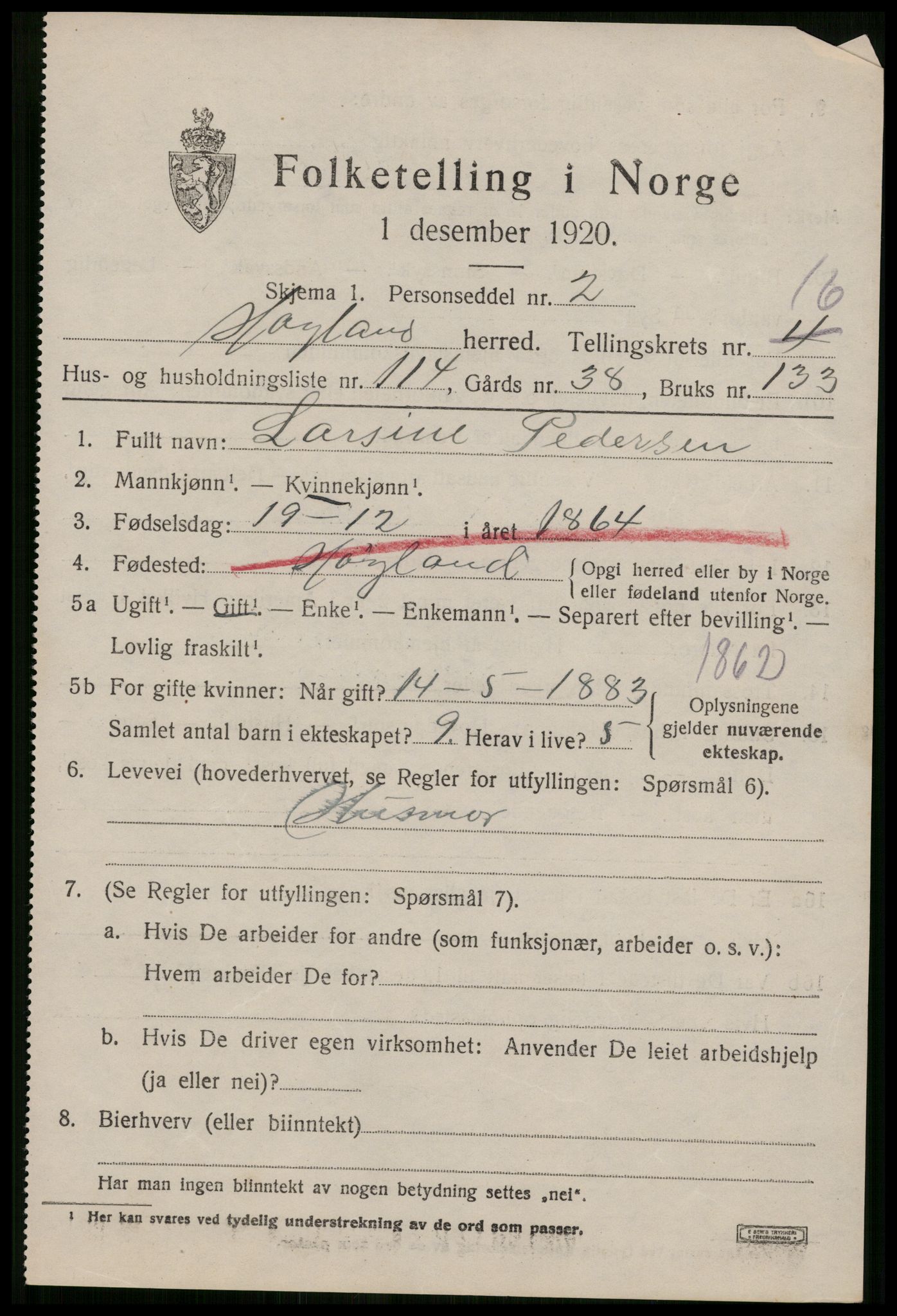 SAST, 1920 census for Høyland, 1920, p. 15594