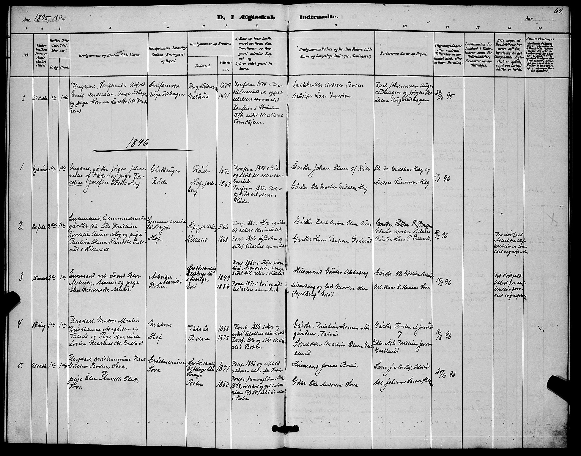 Botne kirkebøker, AV/SAKO-A-340/G/Gb/L0003: Parish register (copy) no. II 3, 1887-1899, p. 64