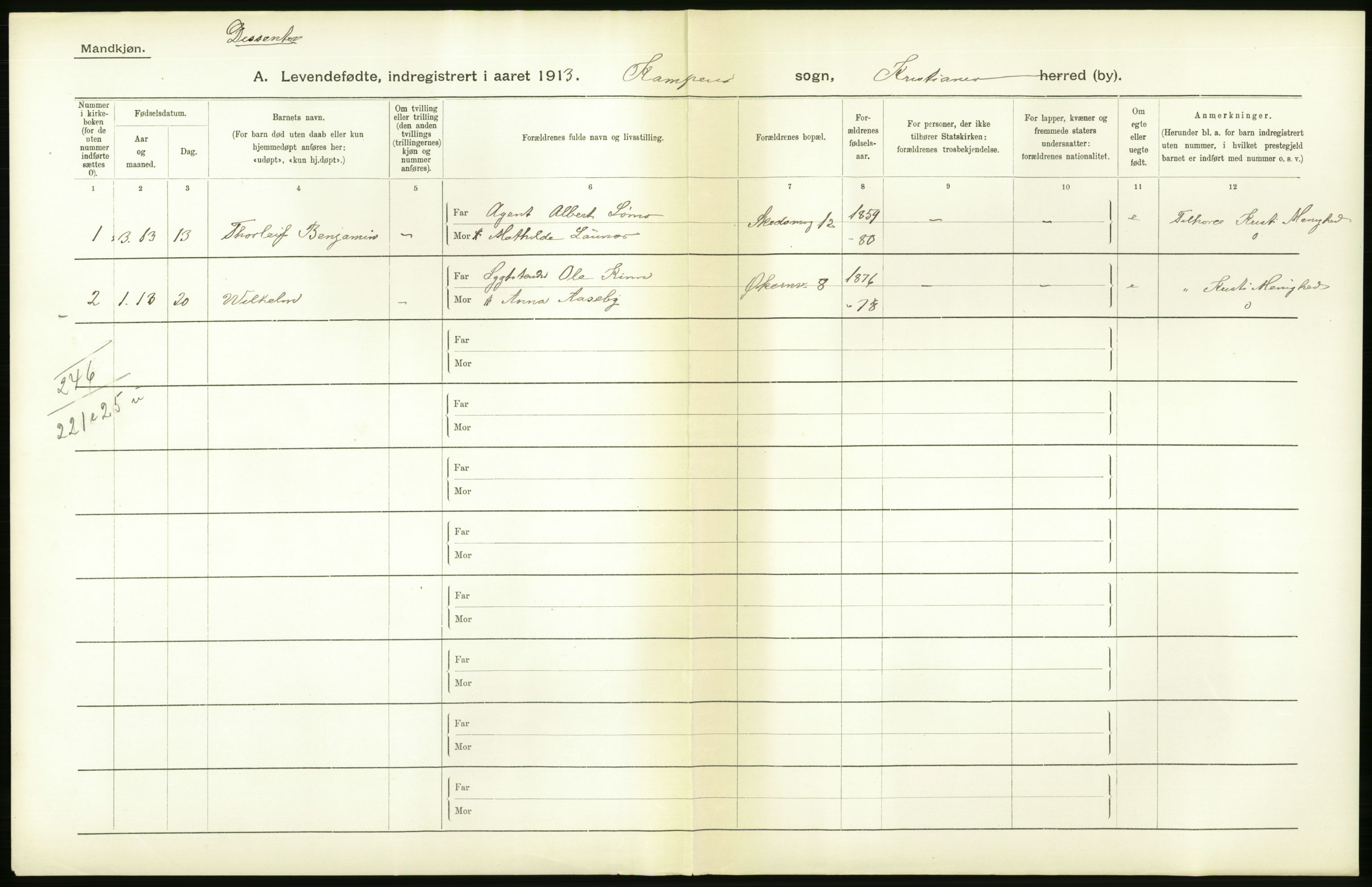 Statistisk sentralbyrå, Sosiodemografiske emner, Befolkning, AV/RA-S-2228/D/Df/Dfb/Dfbc/L0007: Kristiania: Levendefødte menn og kvinner., 1913, p. 404