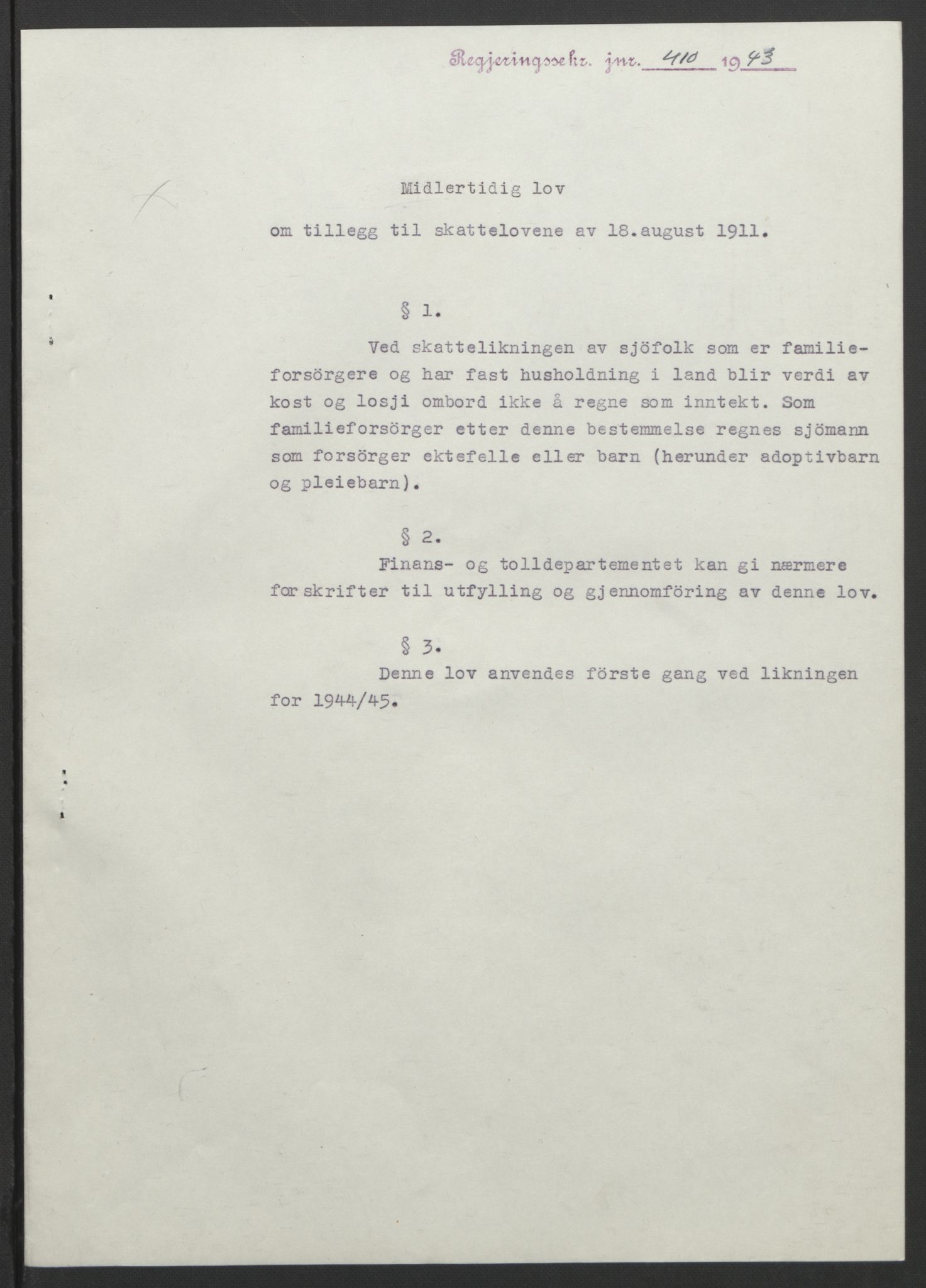 NS-administrasjonen 1940-1945 (Statsrådsekretariatet, de kommisariske statsråder mm), AV/RA-S-4279/D/Db/L0099: Lover, 1943, p. 781