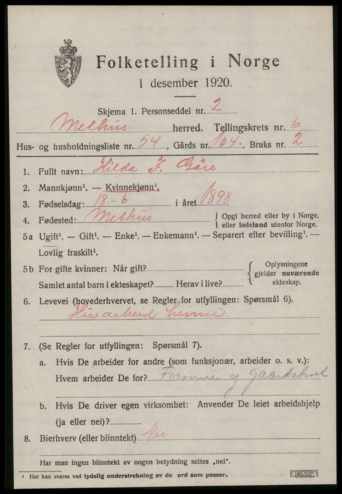 SAT, 1920 census for Melhus, 1920, p. 6871