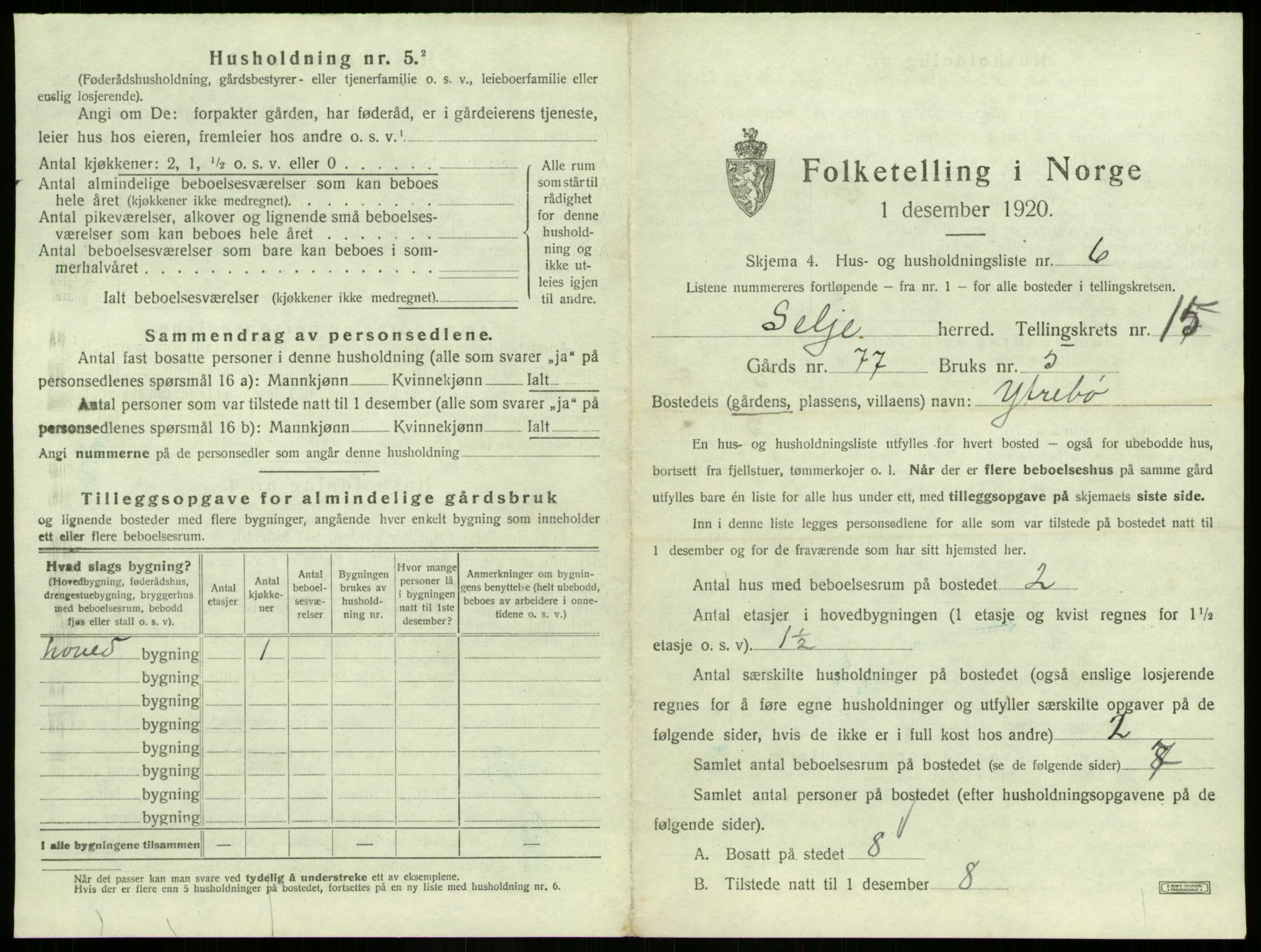 SAB, 1920 census for Selje, 1920, p. 935