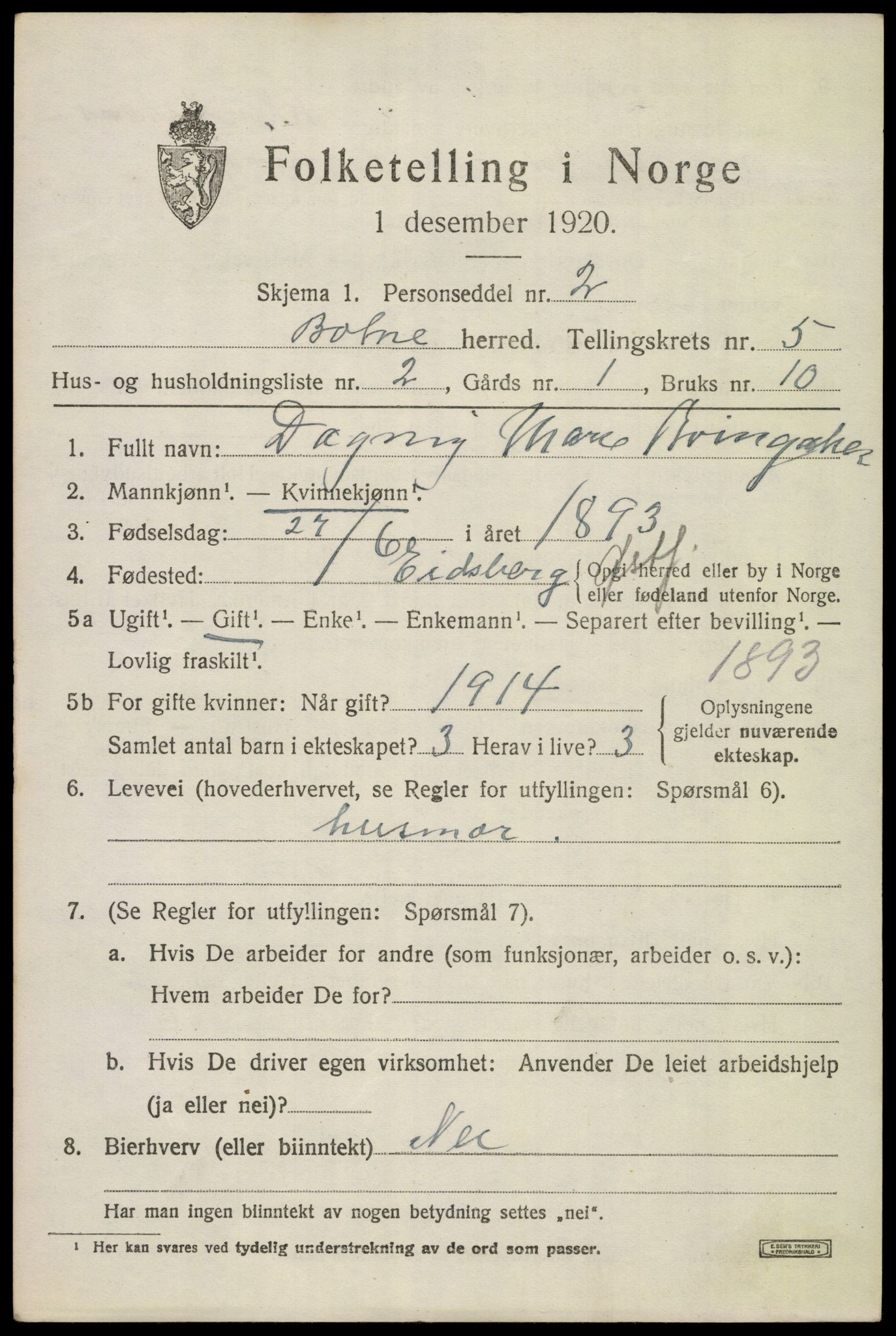 SAKO, 1920 census for Botne, 1920, p. 4245