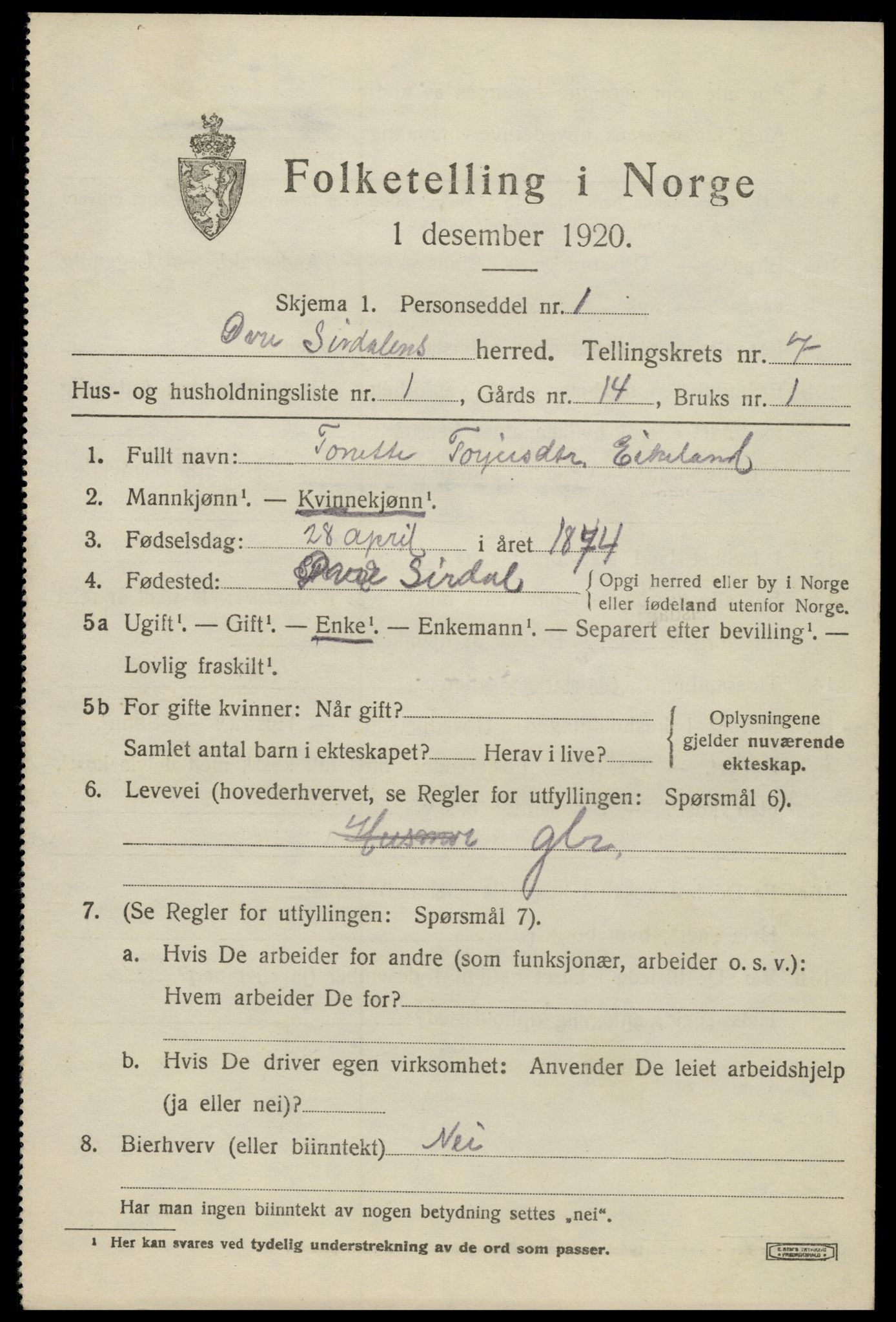 SAK, 1920 census for Øvre Sirdal, 1920, p. 1179