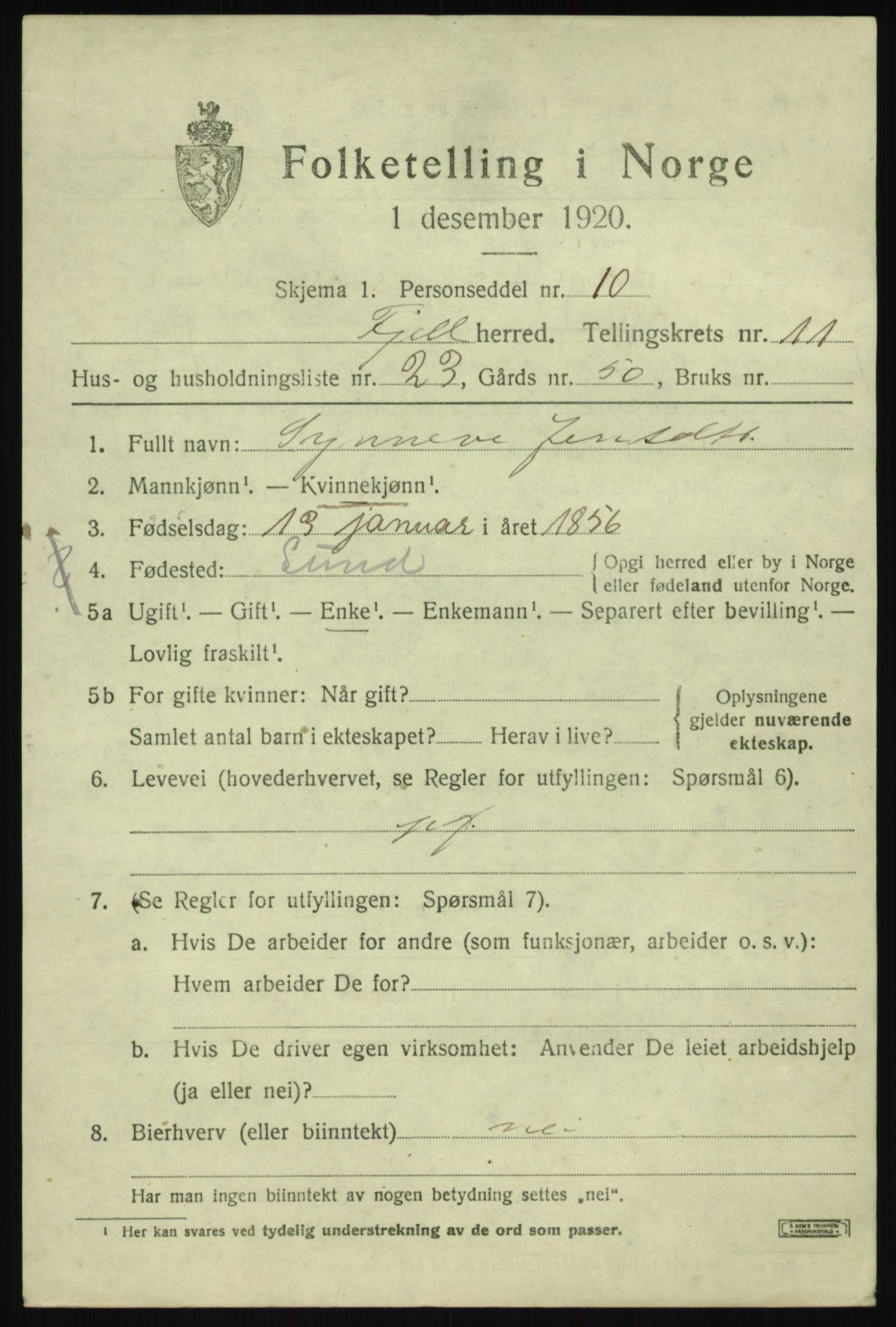 SAB, 1920 census for Fjell, 1920, p. 10168