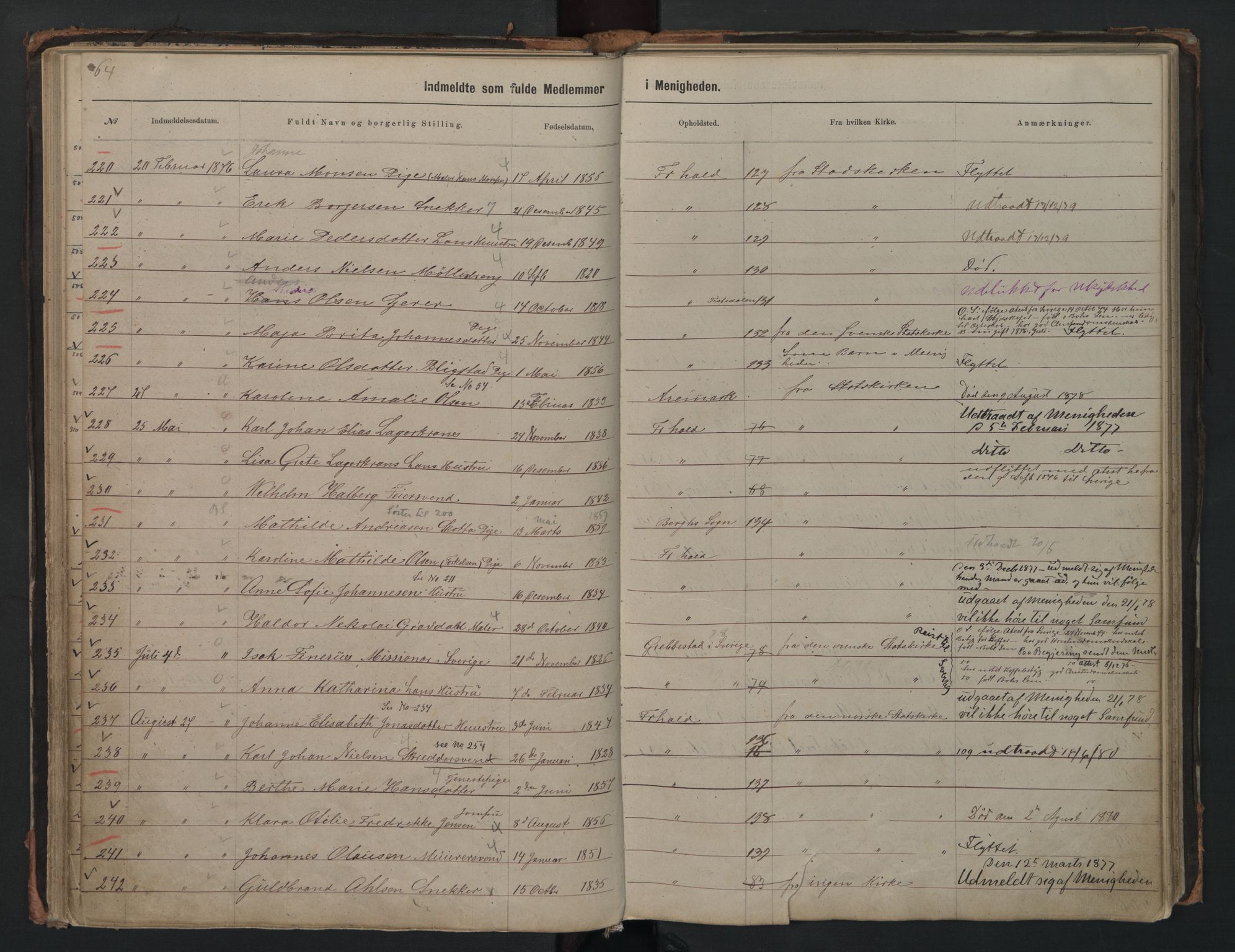 Halden metodistkirke - menighetsprotokoller, AV/SAO-PAO-0266/F/L0002: Dissenter register no. 2, 1856-1892, p. 64