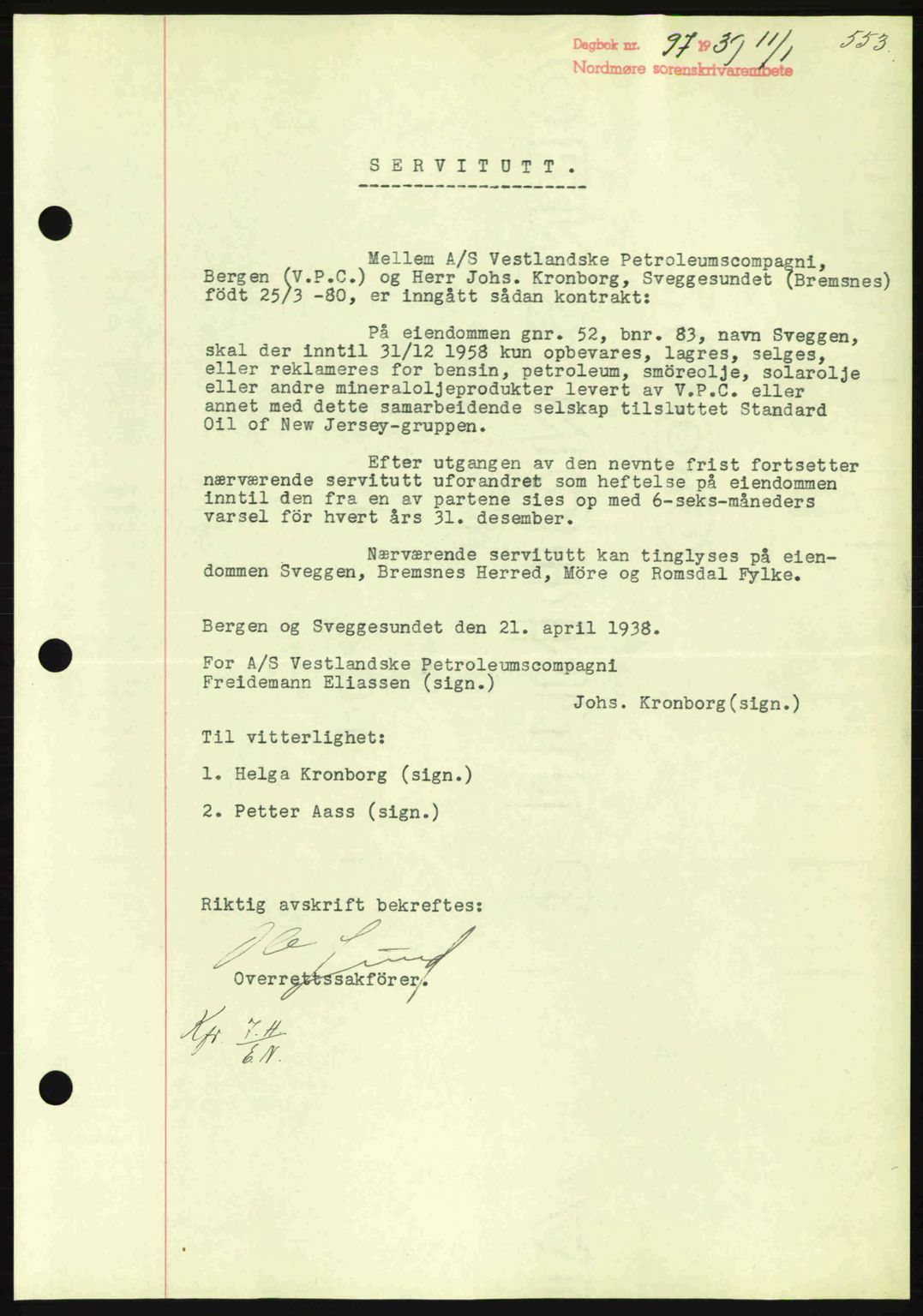 Nordmøre sorenskriveri, SAT/A-4132/1/2/2Ca: Mortgage book no. B84, 1938-1939, Diary no: : 97/1939