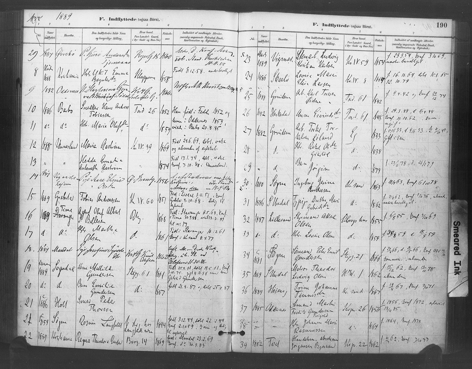 Kristiansand domprosti, AV/SAK-1112-0006/F/Fa/L0018: Parish register (official) no. A 17, 1880-1892, p. 190