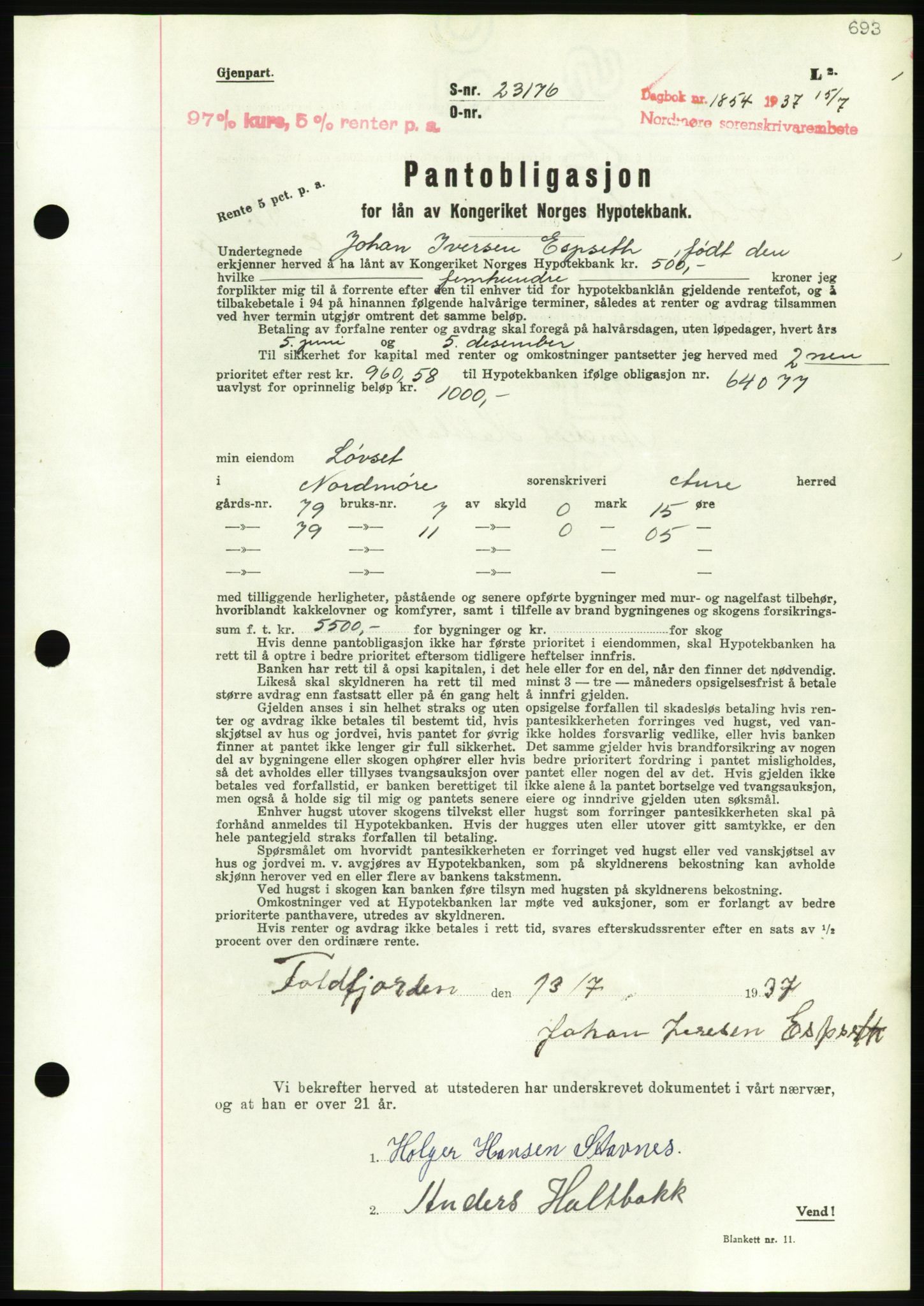 Nordmøre sorenskriveri, AV/SAT-A-4132/1/2/2Ca/L0091: Mortgage book no. B81, 1937-1937, Diary no: : 1854/1937