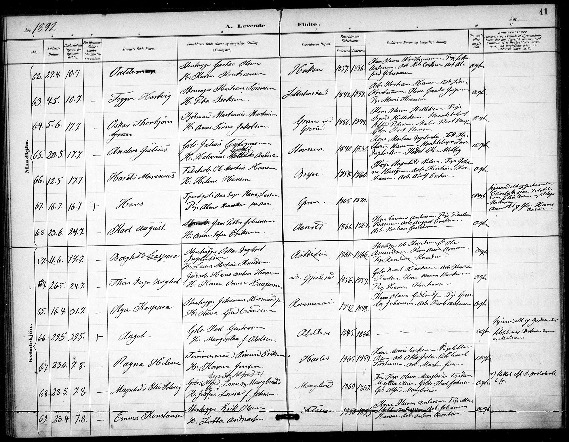 Østre Aker prestekontor Kirkebøker, AV/SAO-A-10840/F/Fa/L0009: Parish register (official) no. I 9, 1890-1894, p. 41