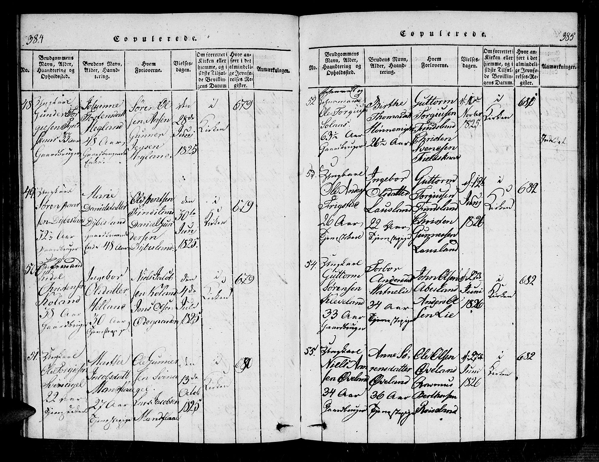 Bjelland sokneprestkontor, SAK/1111-0005/F/Fa/Fab/L0002: Parish register (official) no. A 2, 1816-1869, p. 384-385