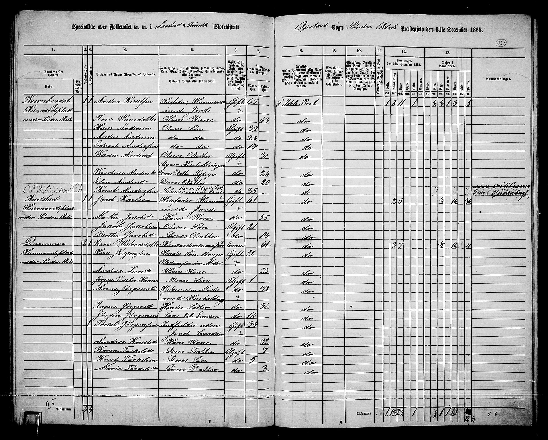 RA, 1865 census for Sør-Odal, 1865, p. 280