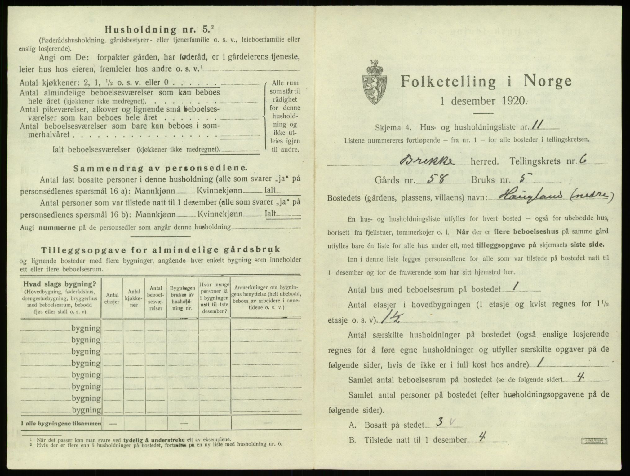 SAB, 1920 census for Brekke, 1920, p. 190