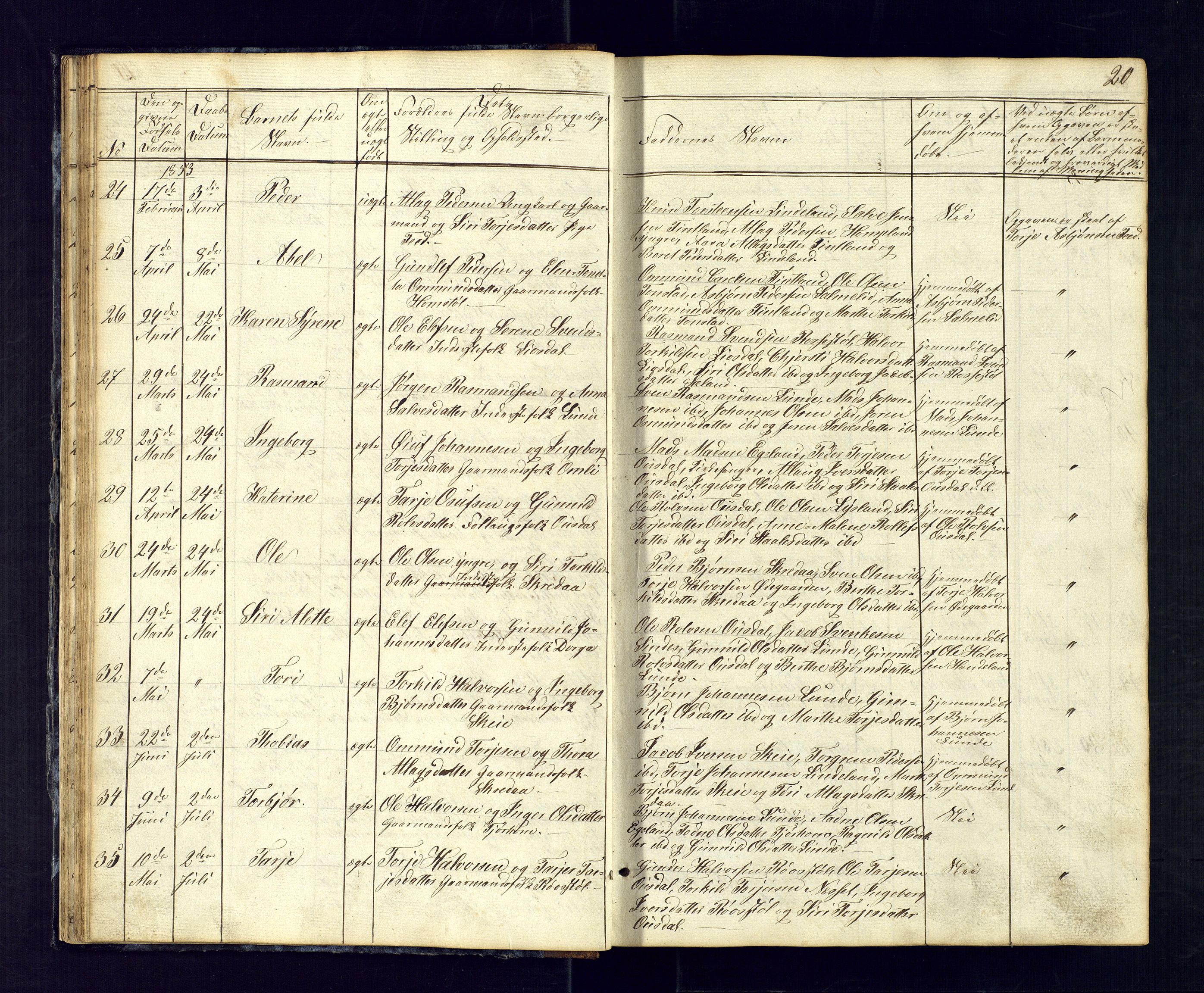 Sirdal sokneprestkontor, SAK/1111-0036/F/Fb/Fbb/L0002: Parish register (copy) no. B-2, 1848-1878, p. 20