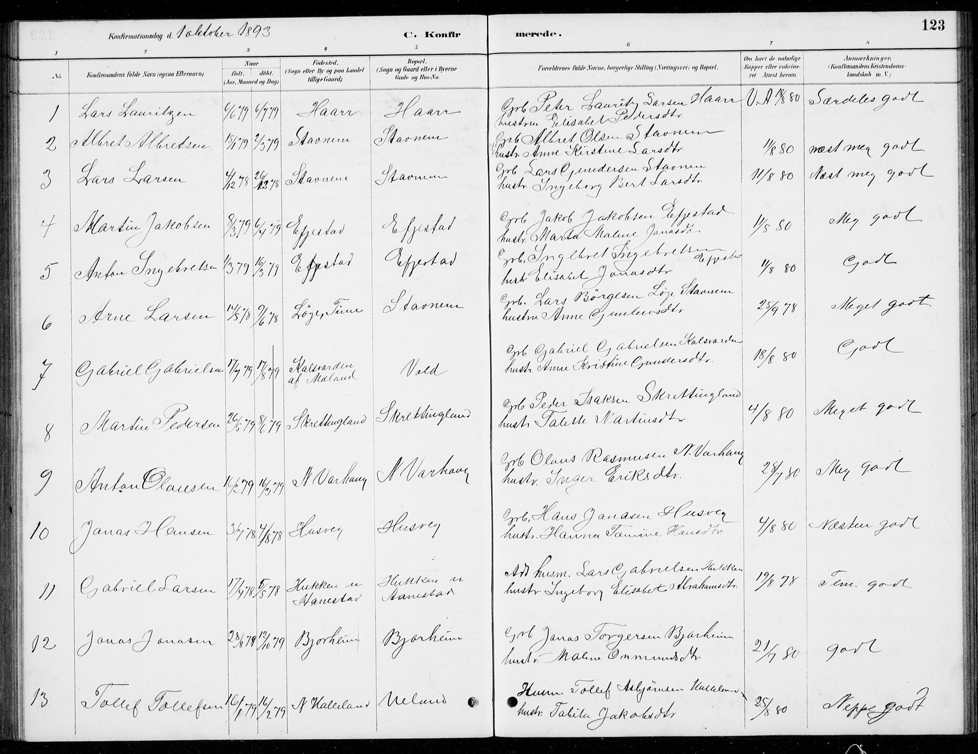 Hå sokneprestkontor, AV/SAST-A-101801/001/30BB/L0004: Parish register (copy) no. B 4, 1883-1899, p. 123