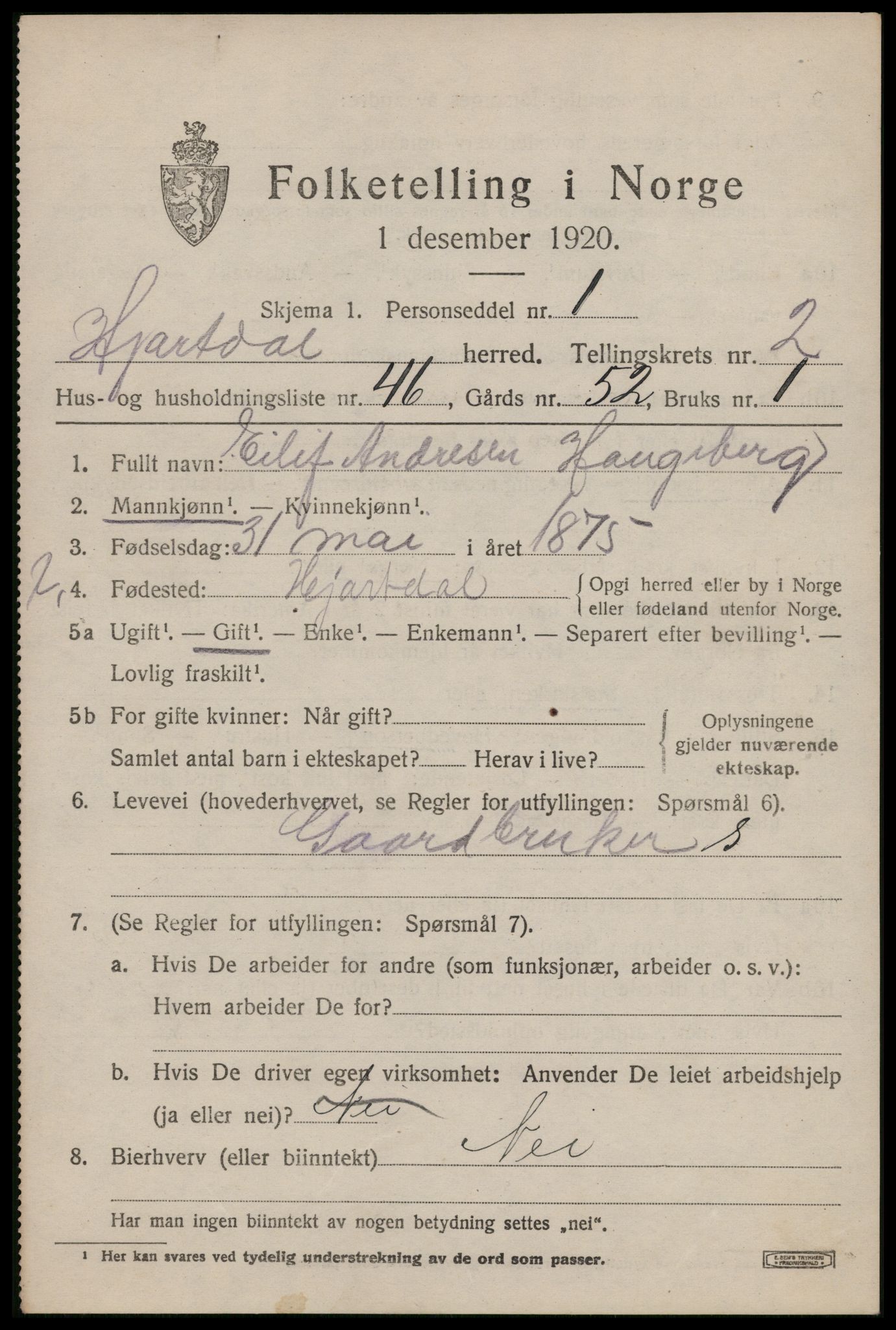 SAKO, 1920 census for Hjartdal, 1920, p. 2300